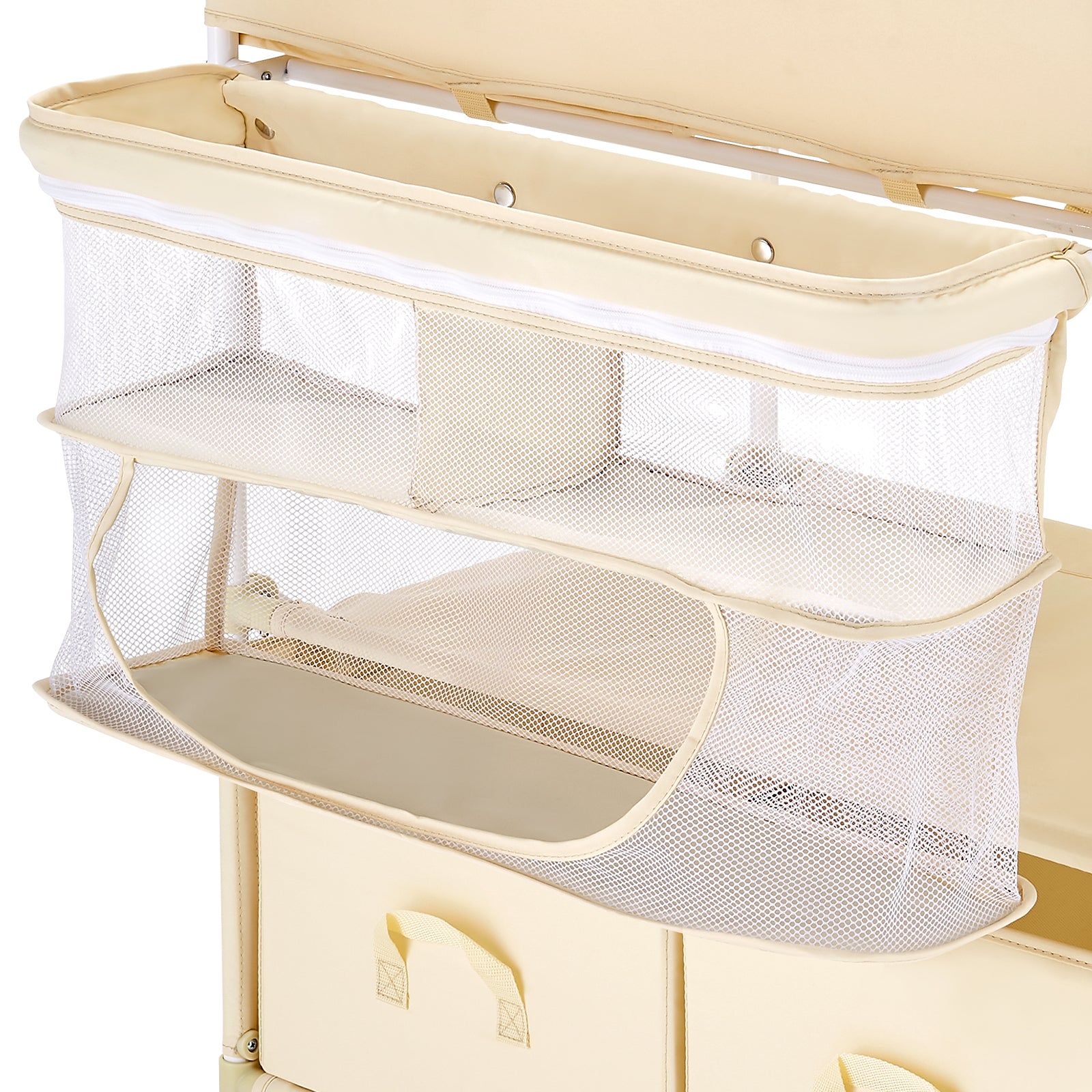 Baby Changing Table, Foldable Diaper Change Station with 2 Fabric Drawers, Side Basket & Hanging Rod, Adjustable Height Porta