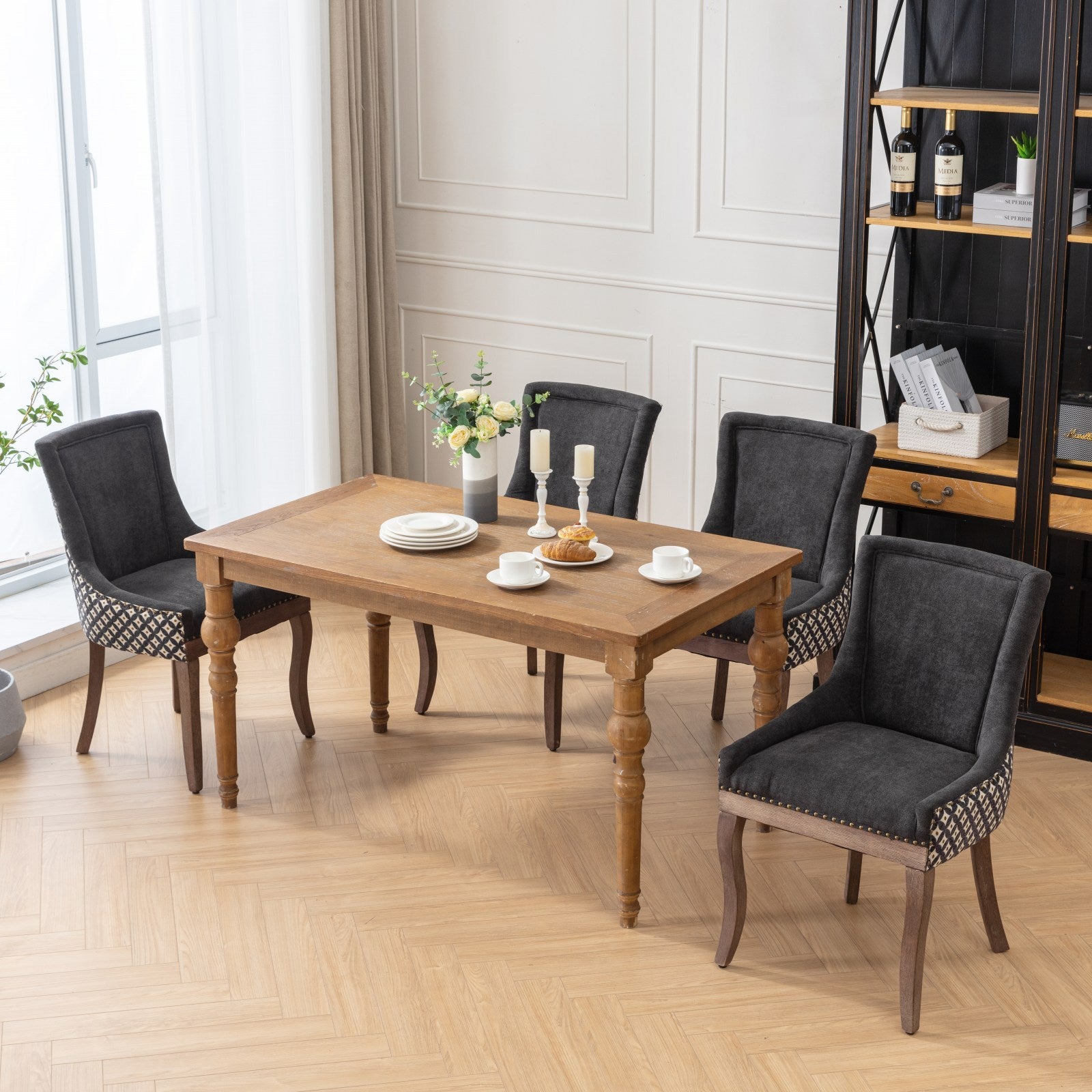 A&A Furniture, Ultra Side Dining Chair, Thickened fabric chairs with neutrally toned solid wood legs, Bronze nail head, Set of 2, Blue - Grand Goldman Shop