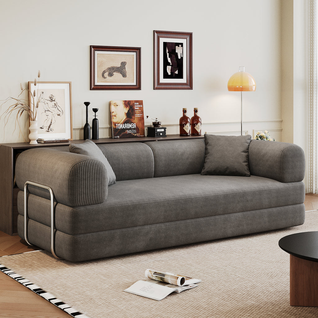 78.8' Compression Sofa,Convertible Floor Sofa Bed-with Pillow Back Support Armrest,Comfy Futon Couch Sleeper Bed,Loveseats Boneless Modular Sectional Sofa,Corduroy fabric,for Living Room,Bedroom,Grey - Grand Goldman Shop