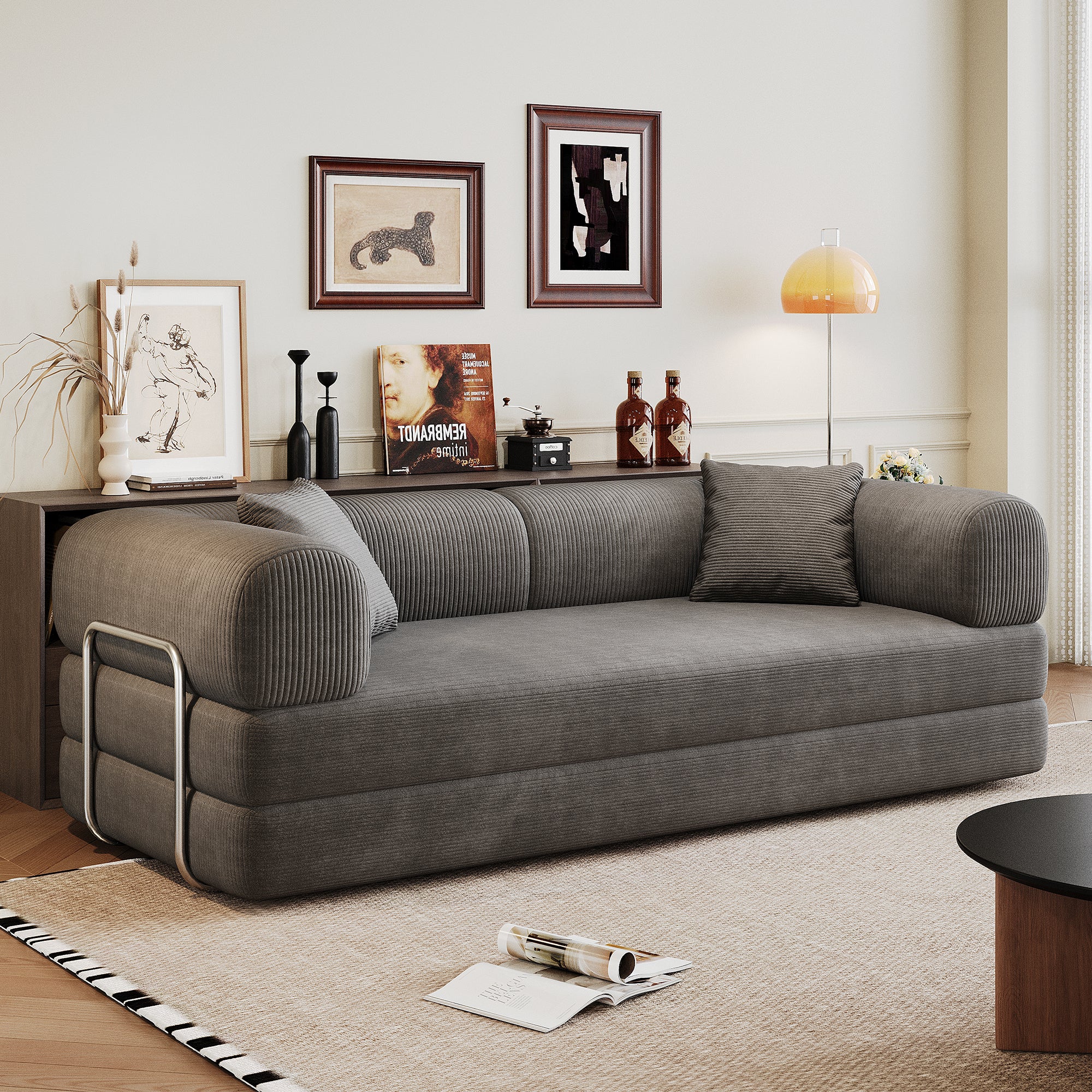 78.8' Compression Sofa,Convertible Floor Sofa Bed-with Pillow Back Support Armrest,Comfy Futon Couch Sleeper Bed,Loveseats Boneless Modular Sectional Sofa,Corduroy fabric,for Living Room,Bedroom,Grey - Grand Goldman Shop