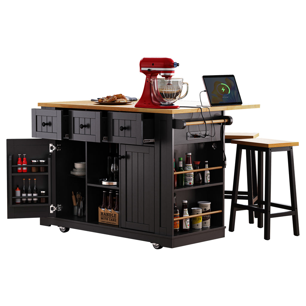 K&K 53inch Large Kitchen Island with 2 Bar Stools, Power Outlet,Door Internal Storage Rack, Kitchen Storage Cart on 5 Wheels with Drop Leaf, 5 Open Side Racks, 3 Drawers,Black (Three Packages) - Grand Goldman Shop