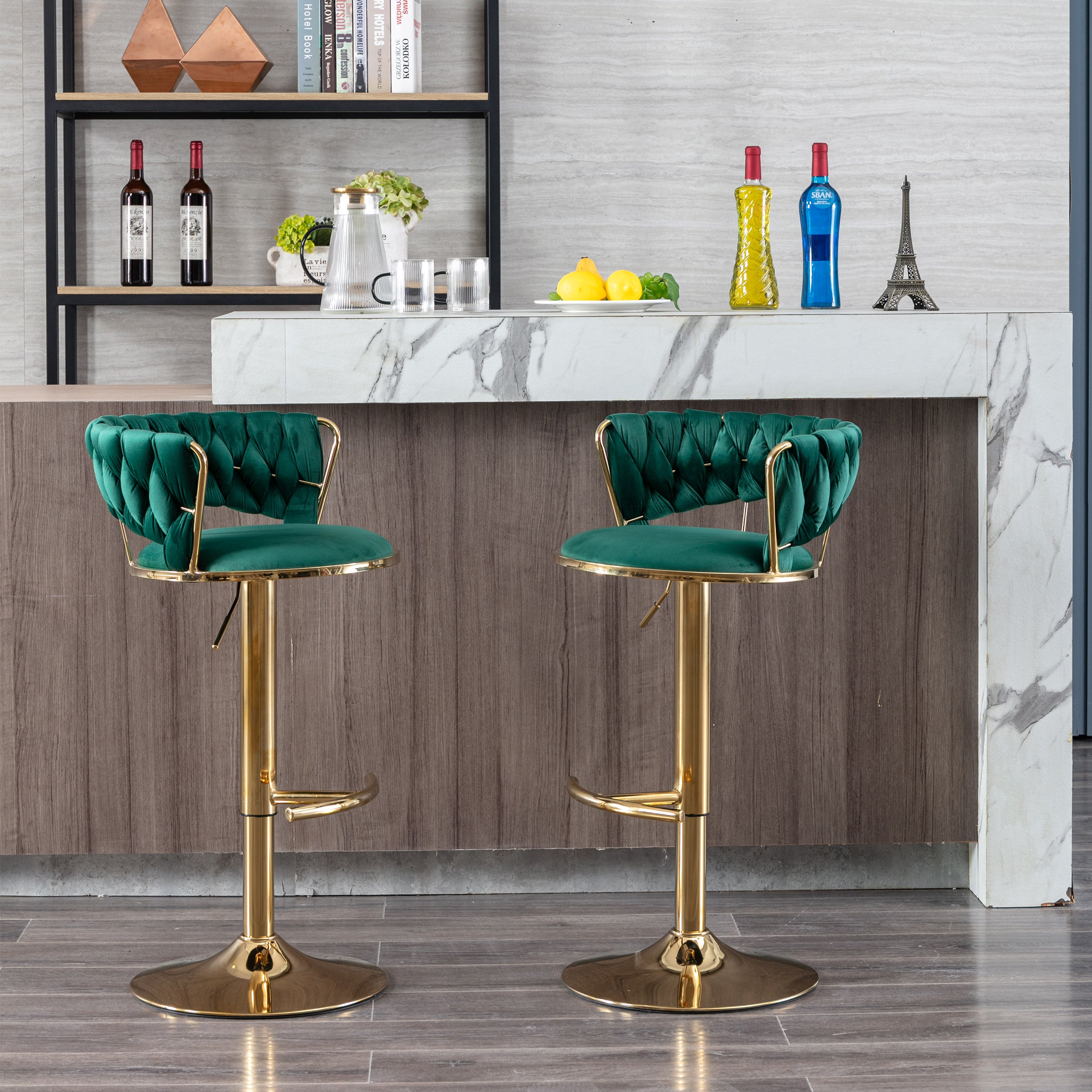 Set of 2  Bar Stools,with Chrome Footrest and Base Swivel Height Adjustable Mechanical Lifting Velvet + Golden Leg Simple Bar Stool-Green - Grand Goldman Shop