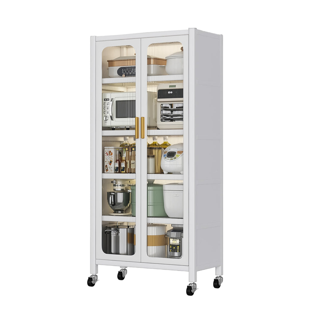 65'  Metal 6-Tier Storage Cabinet with Transparent Door, Adjustable Shelves & Wheels, for Kitchen Pantry Organization, White Metal - Grand Goldman Shop