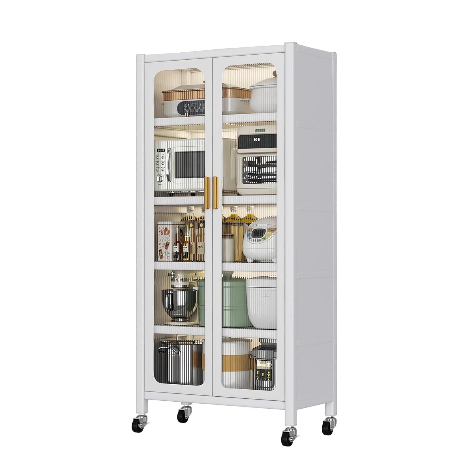 65'  Metal 6-Tier Storage Cabinet with Transparent Door, Adjustable Shelves & Wheels, for Kitchen Pantry Organization, White Metal - Grand Goldman Shop