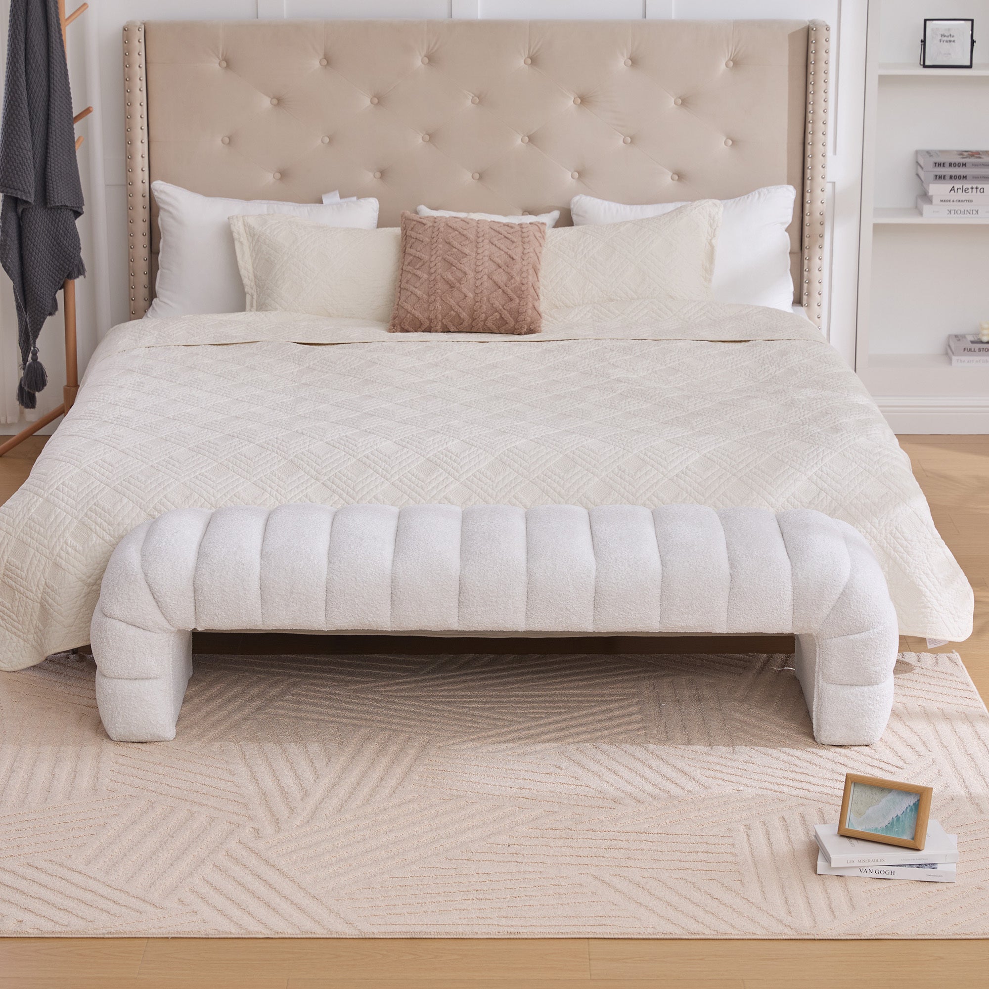 Modern Upholstered Armless Bed Bench, Channel Tufted Couch Daybed Chaise, Ivory Chenille, 69.7' Wide - Grand Goldman Shop