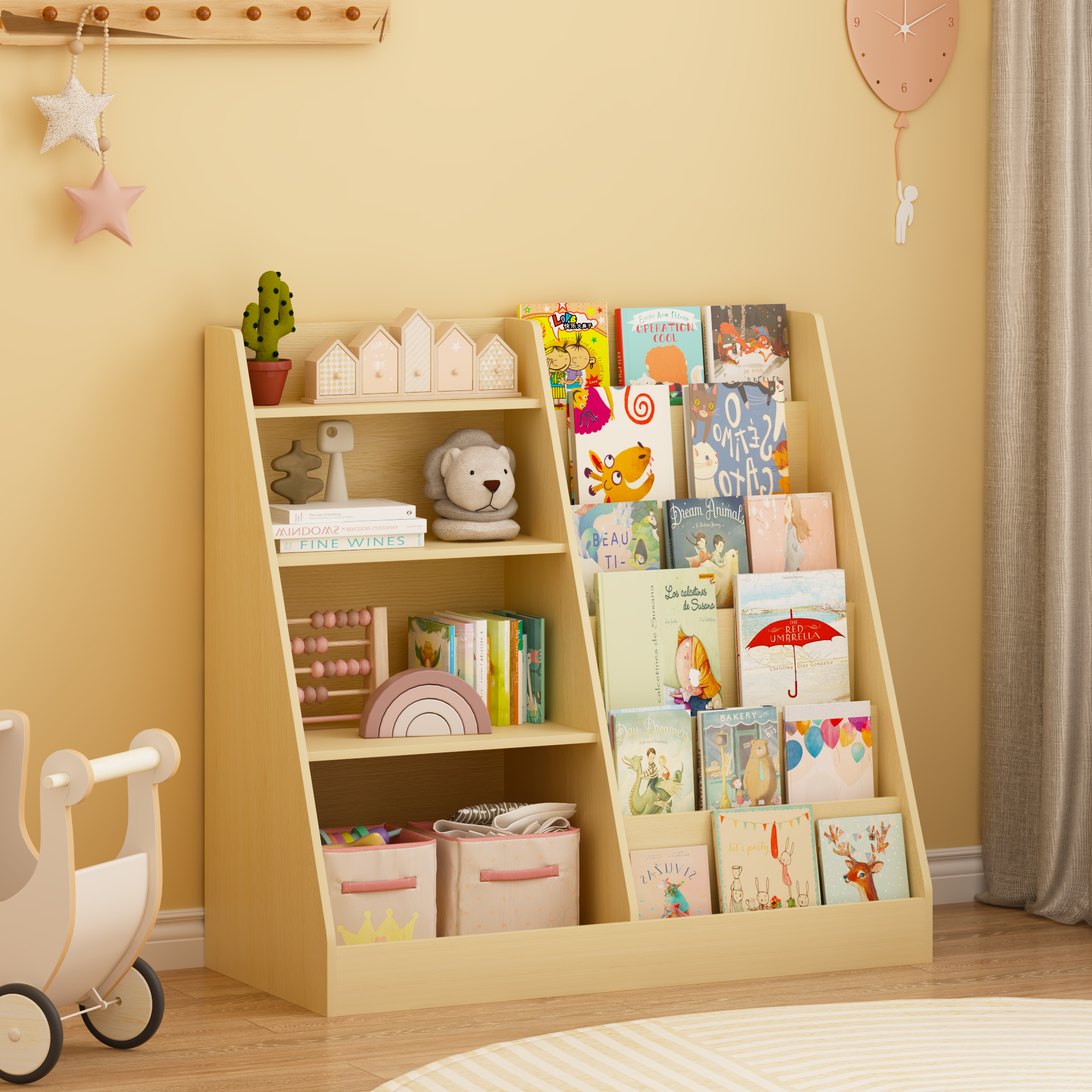 Kids Bookshelf and Toy Storage Organizer, Multifunctional 4 Tier Wooden Kids Book Shelf with  Bookcase Display Stand in Kids 