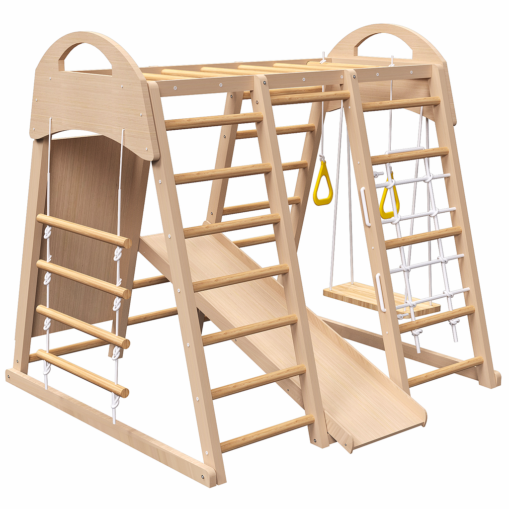 Indoor Playground 7-in-1 Jungle Gym Playset for Kids 2-6yrs - Slide, Climbing Wall, Rope Wall Climber, Monkey Bars, Swing - W