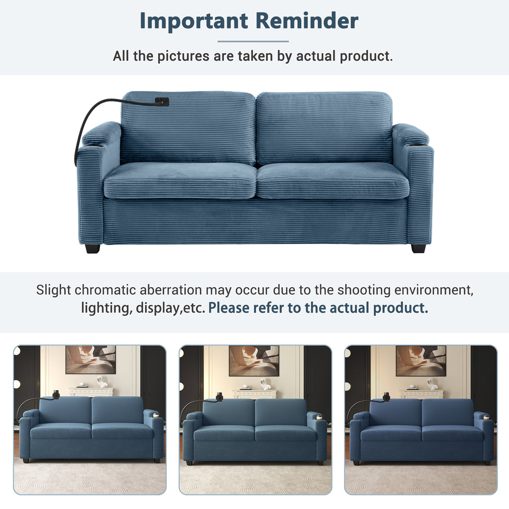 Navy Blue Corduroy Sleeper Sofa Loveseat with Full Size Mattress, USB Ports, Cup Holders, Side Pockets and Phone Holder - Grand Goldman Shop
