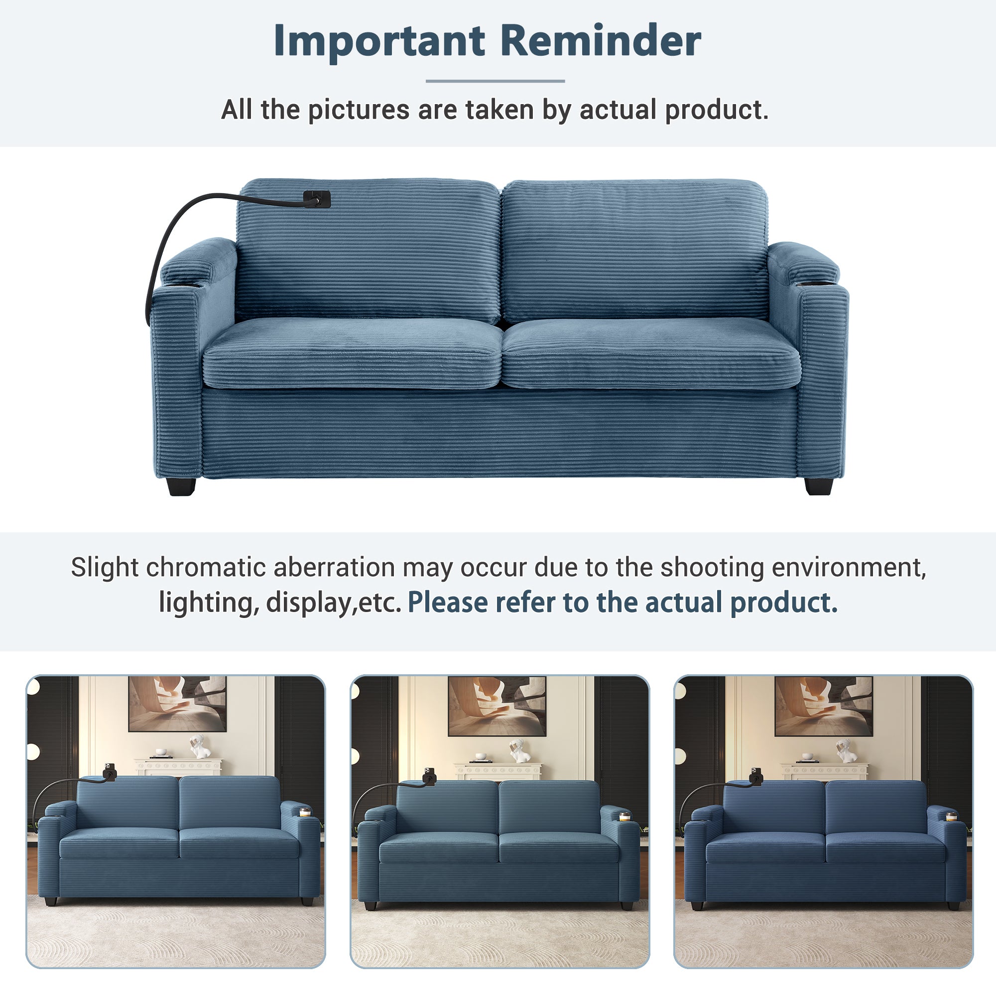 Navy Blue Corduroy Sleeper Sofa Loveseat with Full Size Mattress, USB Ports, Cup Holders, Side Pockets and Phone Holder - Grand Goldman Shop