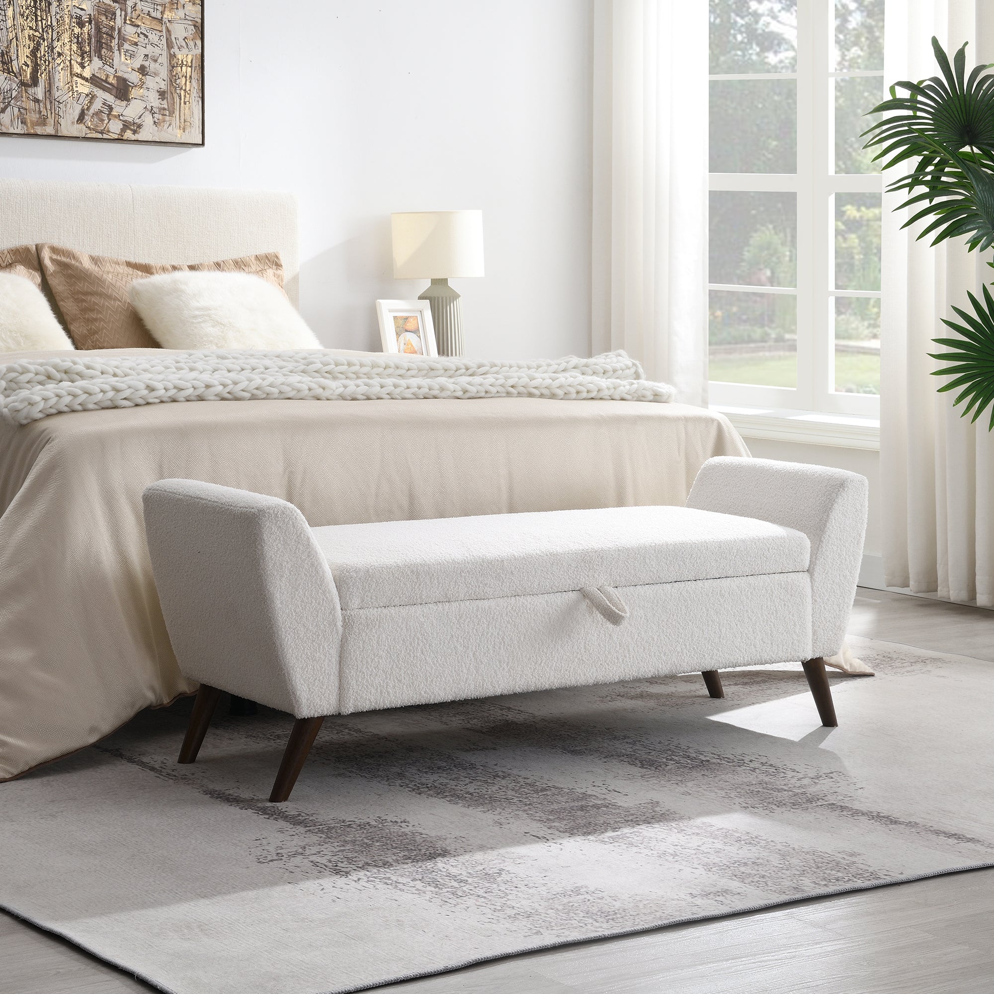 60'' Modern Storage Bench with Rubberwood  Legs, Cream Teddy Fabric, Padded Seat for Living Room & Bedroom - Grand Goldman Shop