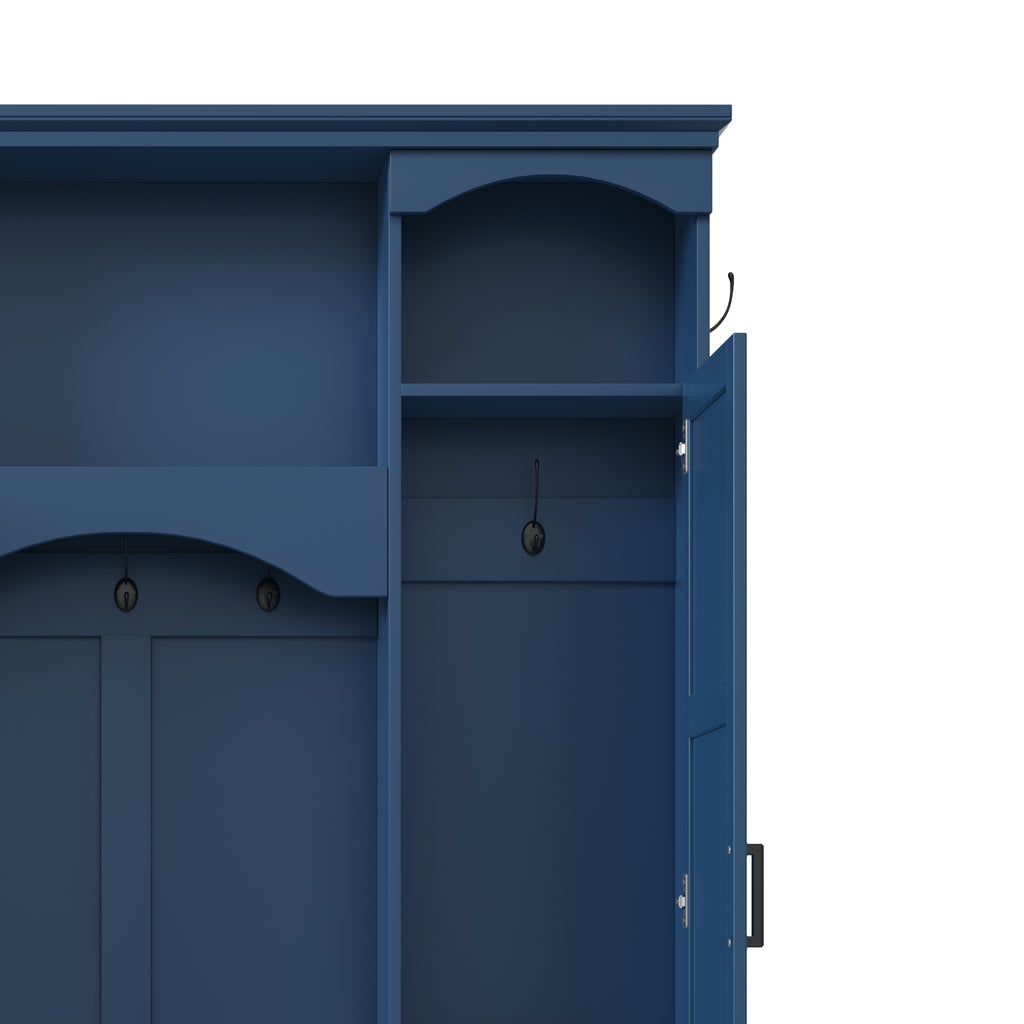 ON-TREND Modern All-in-One Hall Tree with Adjustable Shelves, Classic Arched Farmhouse Storage Bench with Dual Side Cabinets, Elegant Entryway Organizer with 7 Hooks for Mudroom, Hallway, Blue - Grand Goldman Shop