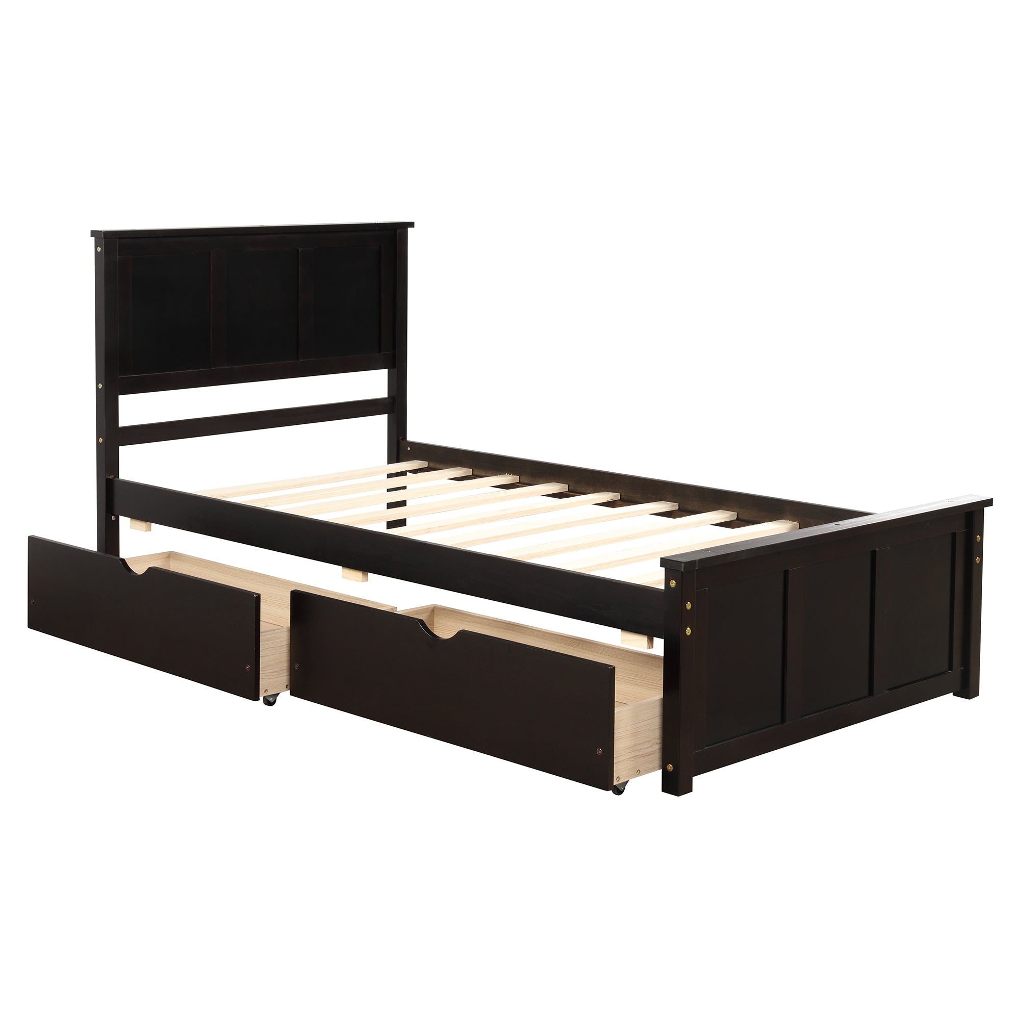 Espresso Platform Storage Bed with 2 Wheel-Base Drawers, Twin Size Frame, Pine Wood and MDF Construction - Grand Goldman Shop