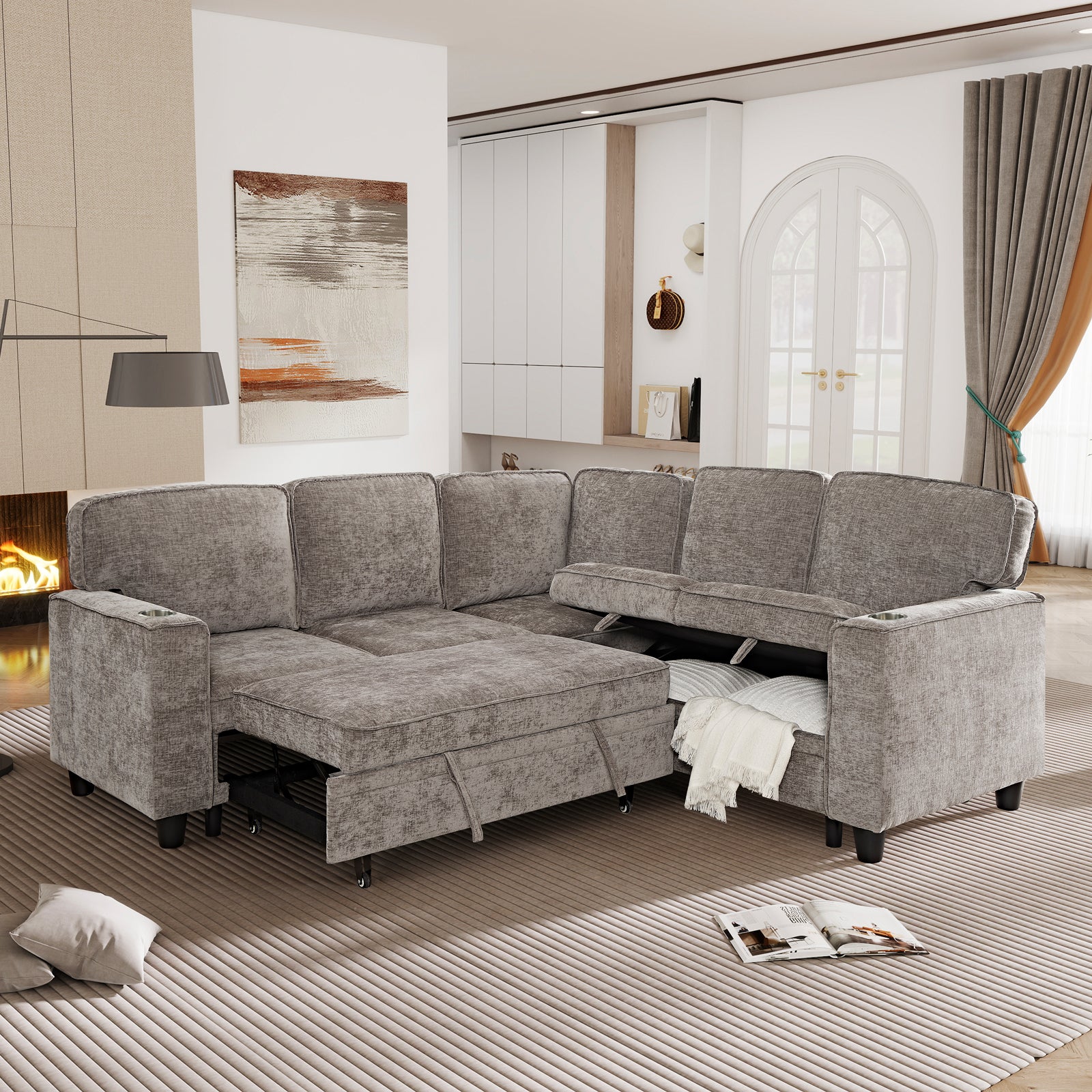 L-Shaped Sofa with Pull Out Sofa Bed, Sleeper Sofa Couch Bed with Storage Seat, 5 Seat Sectional Sofa Bed with USB, Sectional Sofa Couch for Living Room, Apartment, Light Brown - Grand Goldman Shop