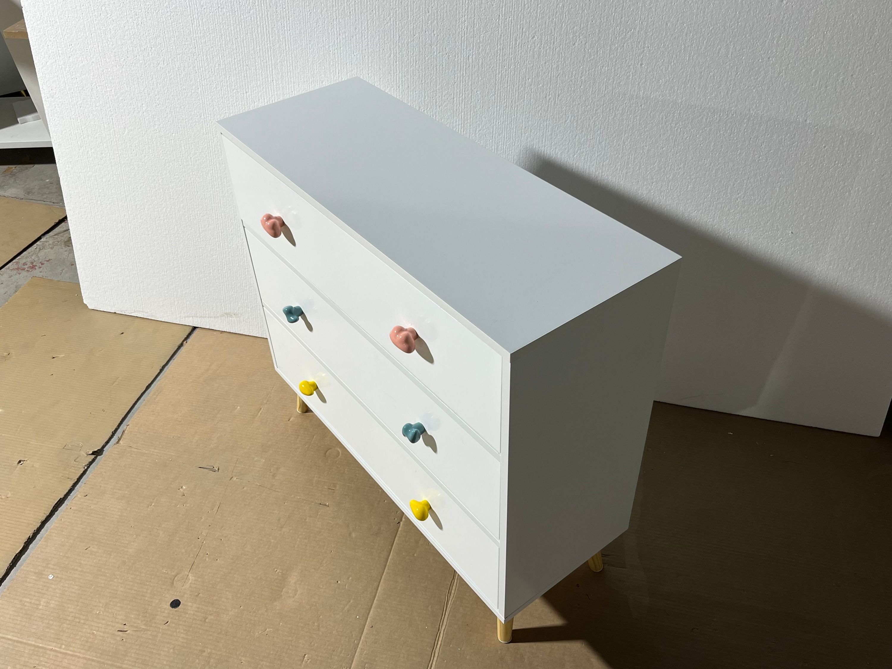 Kids 3 Drawer Dresser, White Nursery Storage Cabinet with Anti-Tip Safety Feature, Solid Wood and MDF Construction, Compact D