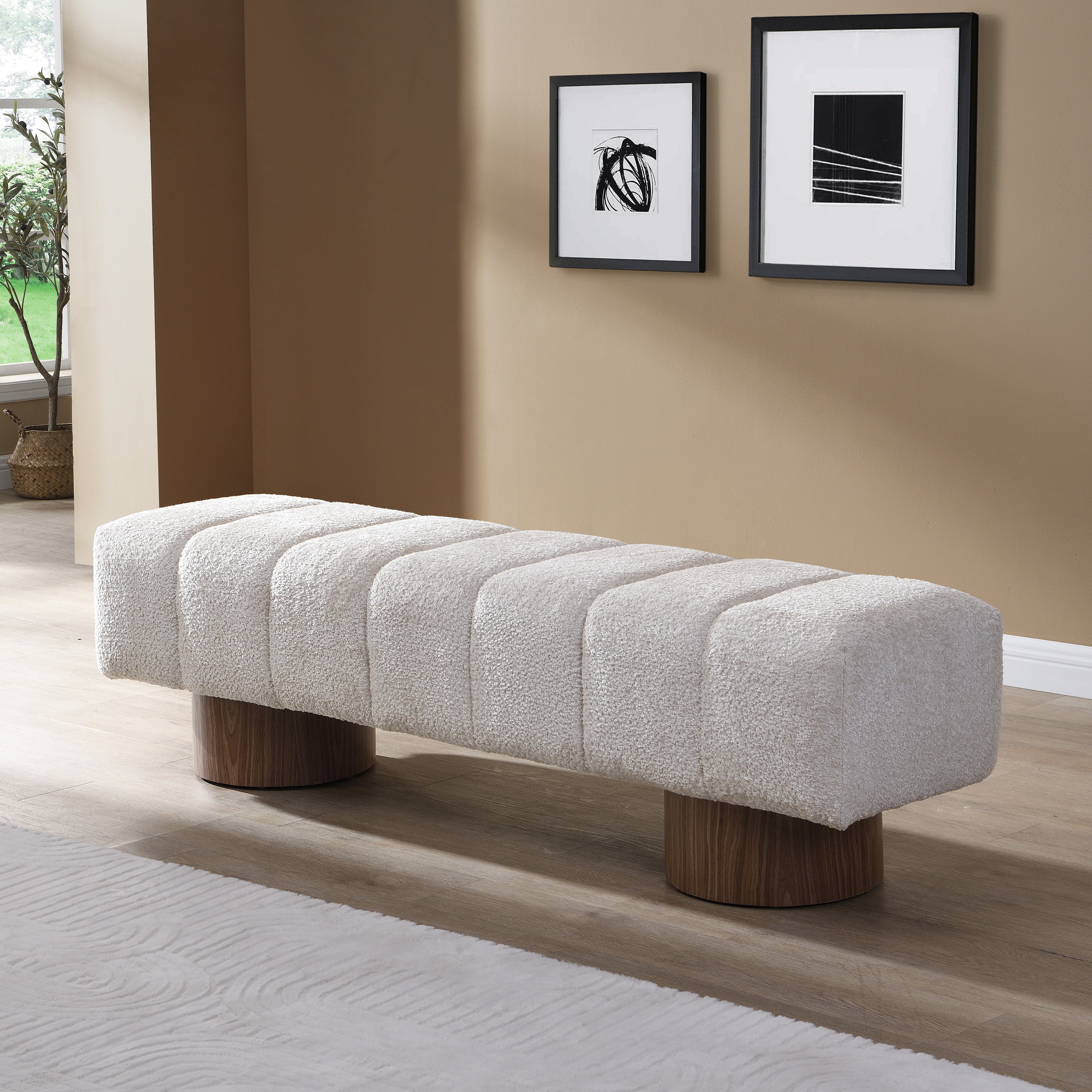 Upholstered Dining Bench for Dining Room, No-Assembly End of Bed Entryway Bench Ottoman for Bedroom Living Room, Beige Faux Fur Fabric Stool Top Wood Leg 300 LBS Weight Capacity - Grand Goldman Shop