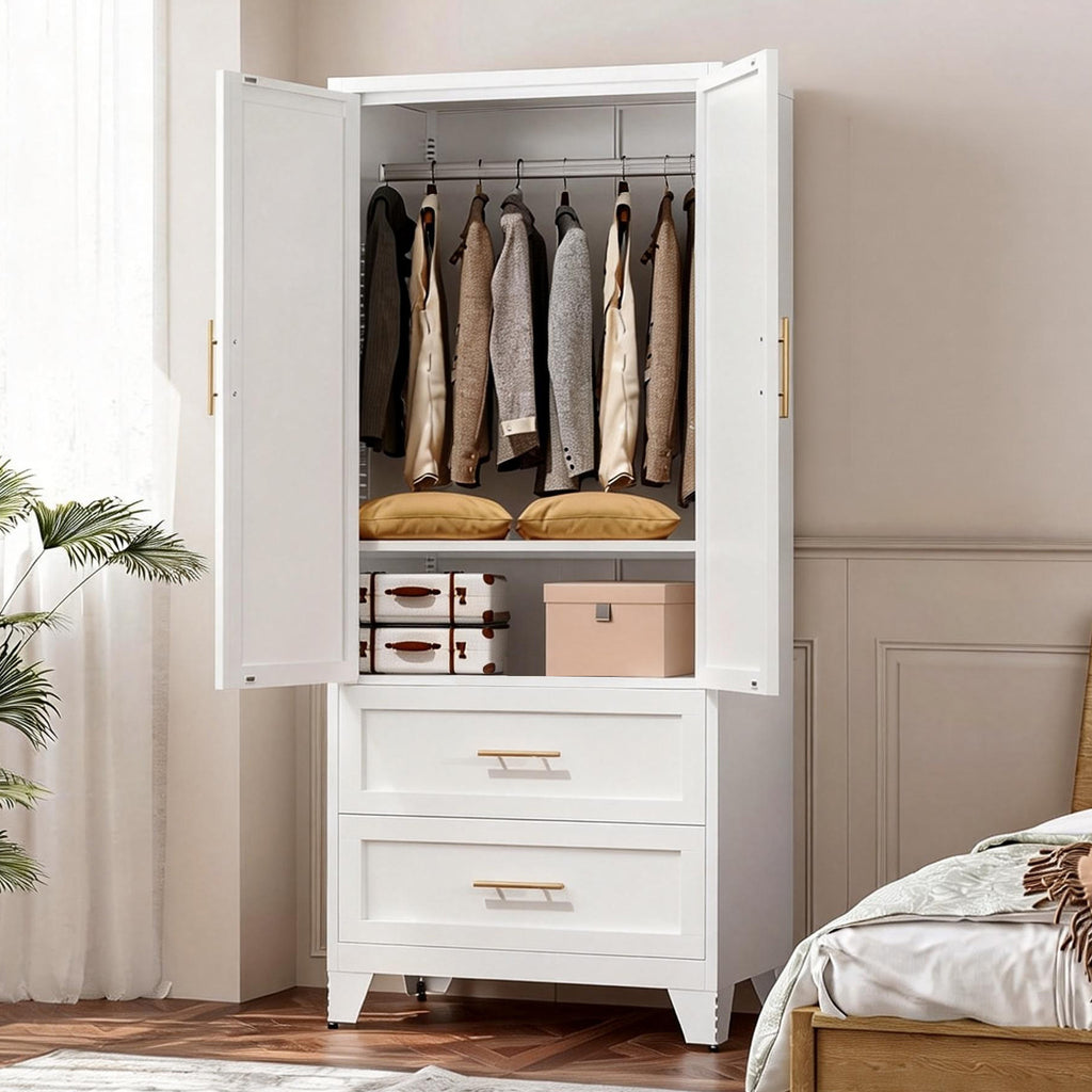 71' Tall Metal Wardrobe Cabinet with 2 Drawers and Hanging Rod, 2 Doors Wardrobe Closet with Shelf for Bedroom, Office, Laundry Room,Entryway ,Foyer,Guesthouse (White) - Grand Goldman Shop