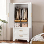 71' Tall Metal Wardrobe Cabinet with 2 Drawers and Hanging Rod, 2 Doors Wardrobe Closet with Shelf for Bedroom, Office, Laundry Room,Entryway ,Foyer,Guesthouse (White) - Grand Goldman Shop