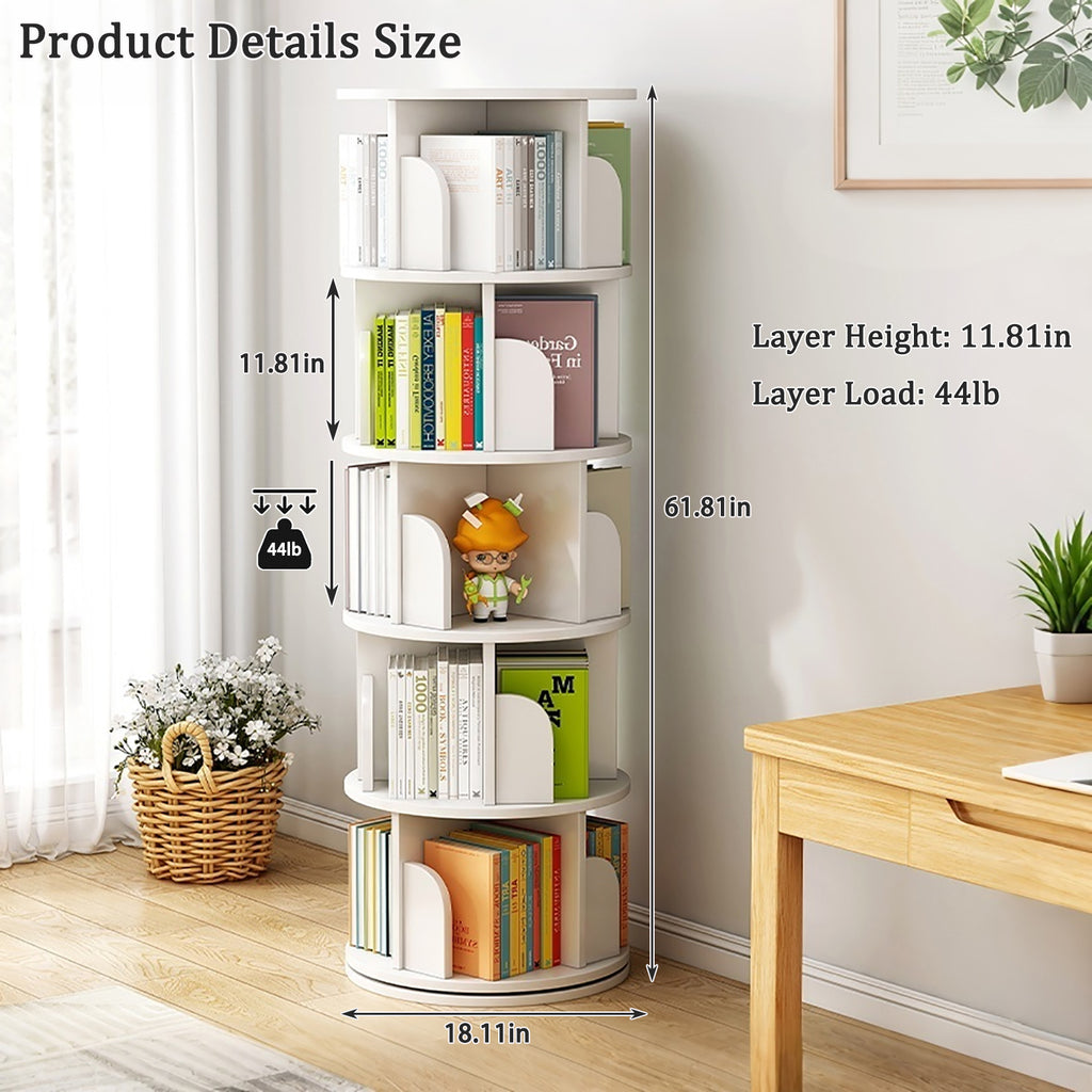 5 Tier Rotating Bookshelf, 360° Display Round Spinning Bookshelf, Space-Saving, Small Space Rotating Bookshelf Tower for Bedroom, Living Room, Home, Office, Warm White - Grand Goldman Shop