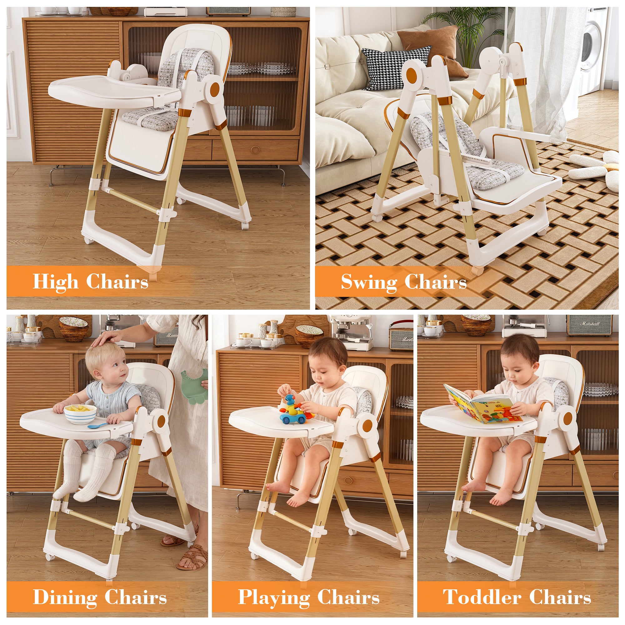 Convertible Baby High Chair to Rocker with 5-Point Harness, Foldable Infant Feeding Chair in White with Removable 2-Tier Easy