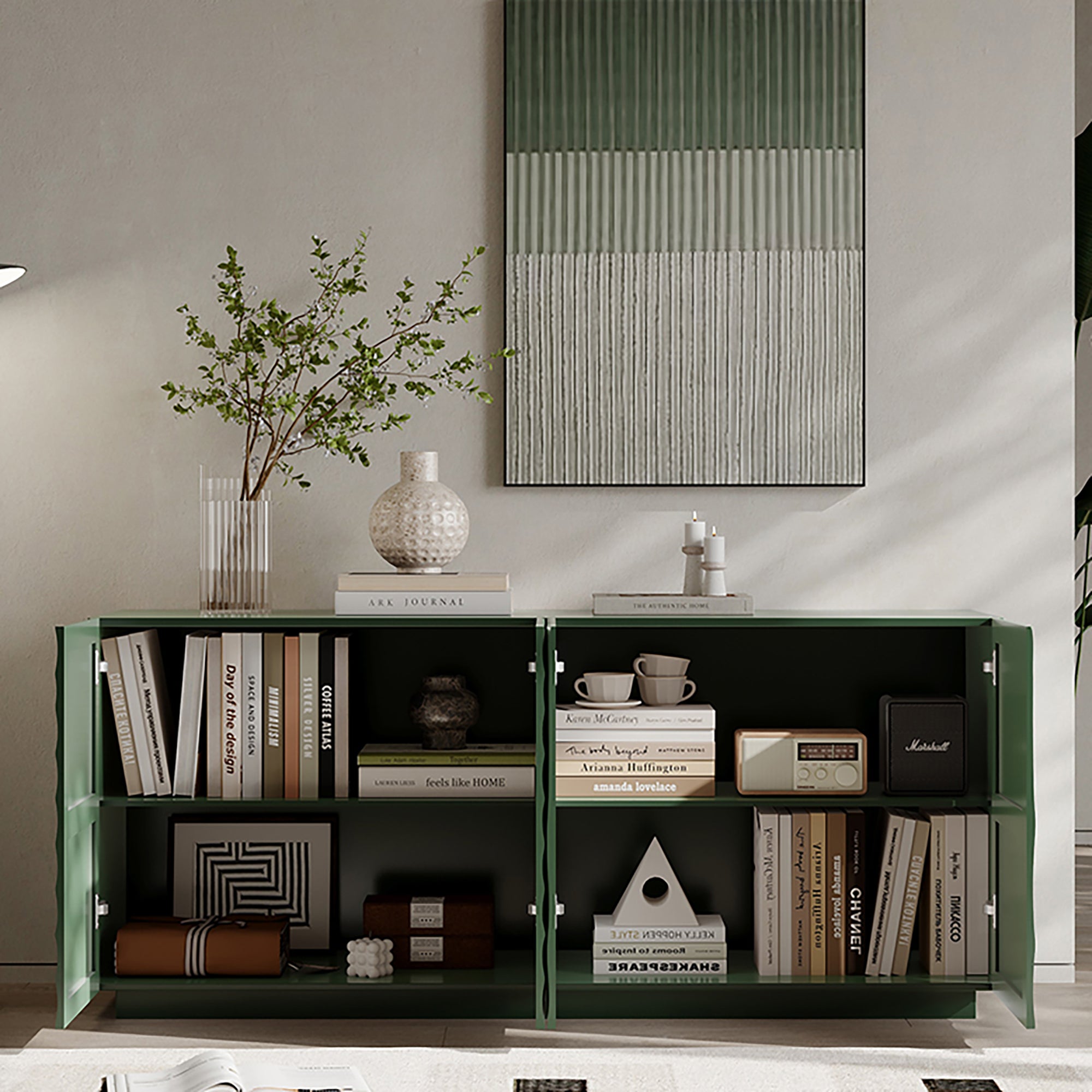 Sideboard Buffet Cabinet, 59'Green Accent Cabinet with 4 Doors, Mid Century Modern Pantry Cabinet, Wood Buffet Cabinet, Media Cabinet, Console Cabinet, Cabinet for Entryway, Living Room, Dining Room - Grand Goldman Shop