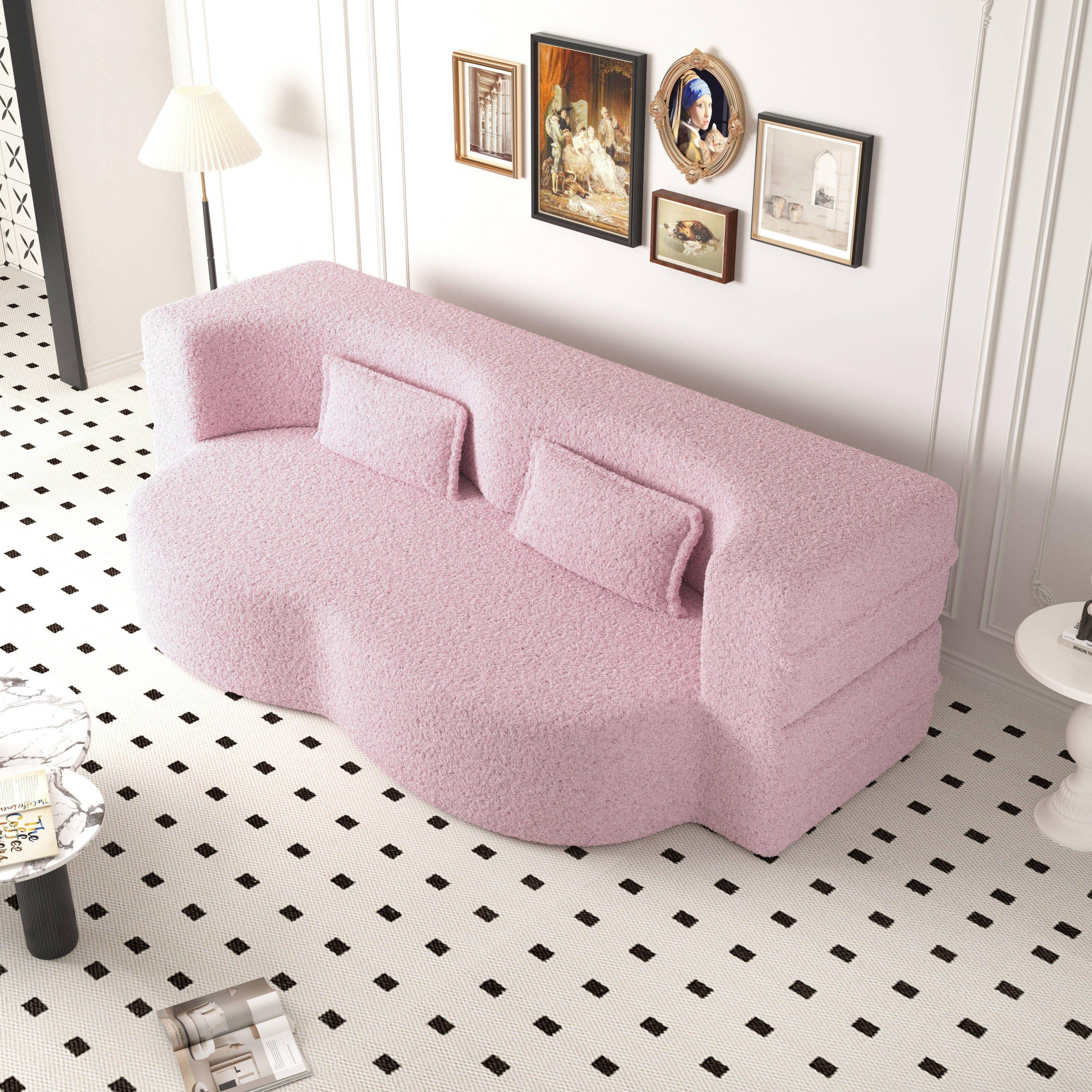 Modern Floor Sofa with 2 Pillows,Convertible Teddy Fabric Foam Filled Sleeper Sofa Bed,15 ' Full Size Folding Mattress for Living Room,Guest Bed,Playroom,No Assembly Required,Pink - Grand Goldman Shop