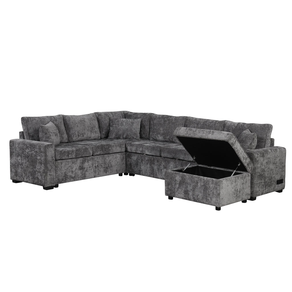 Modern Sectional Sofa Pull-out Sleeper with Storage Ottoman, USB Charging, Grey Tweed Chenille, 112.2' - Grand Goldman Shop