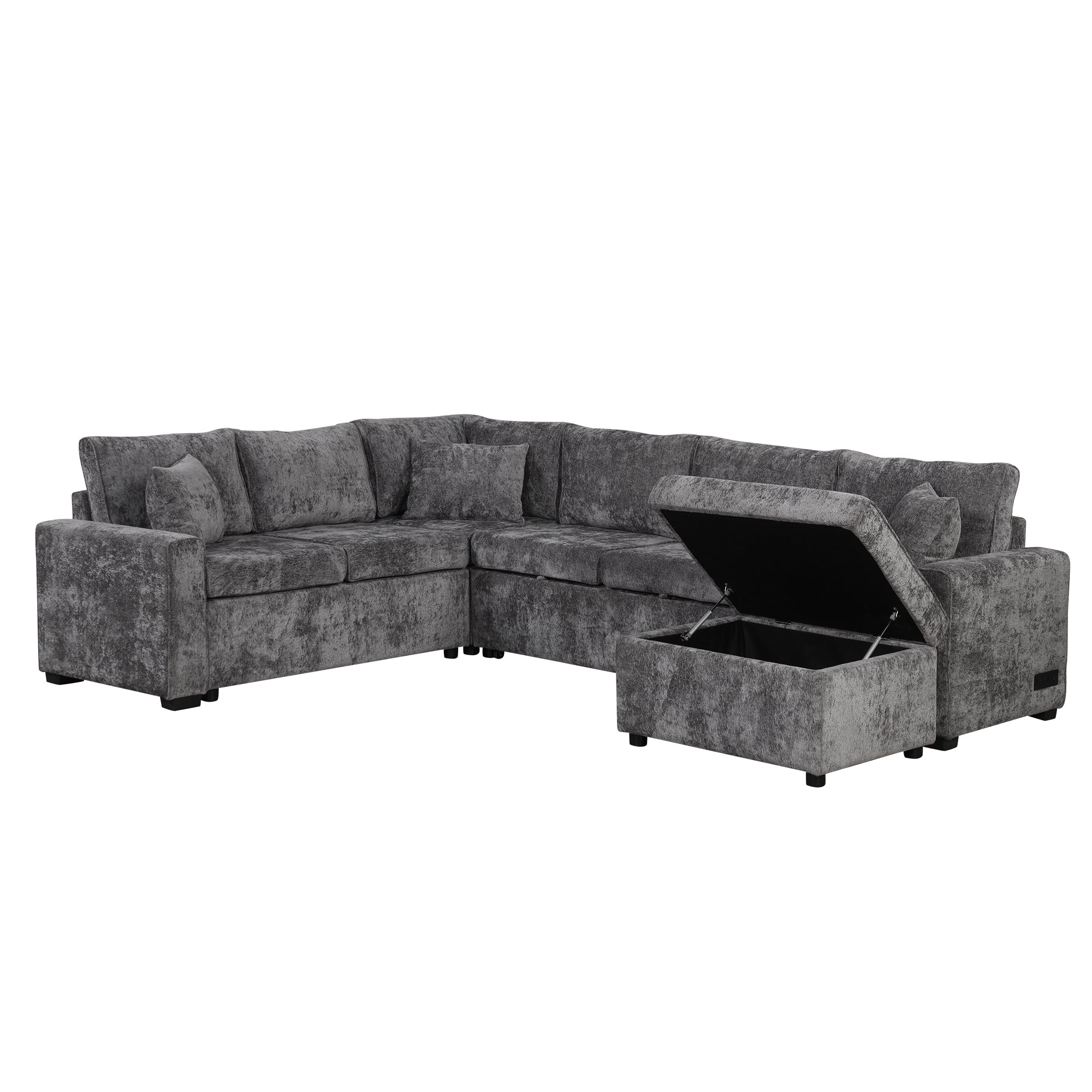 Modern Sectional Sofa Pull-out Sleeper with Storage Ottoman, USB Charging, Grey Tweed Chenille, 112.2' - Grand Goldman Shop