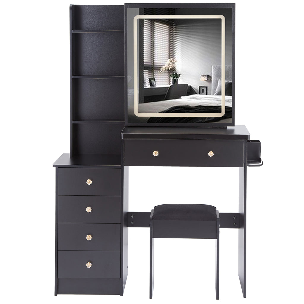 37' Middle Size Left Bedside Cabinet Vanity Table + Cushioned Stool Dresser Set, 2 AC+2 USB Socket, Hair Dryer Stand, Large Touch Control LED Sliding Mirror, 3-color Switch, EPA, GCC, UL Certificate - Grand Goldman Shop