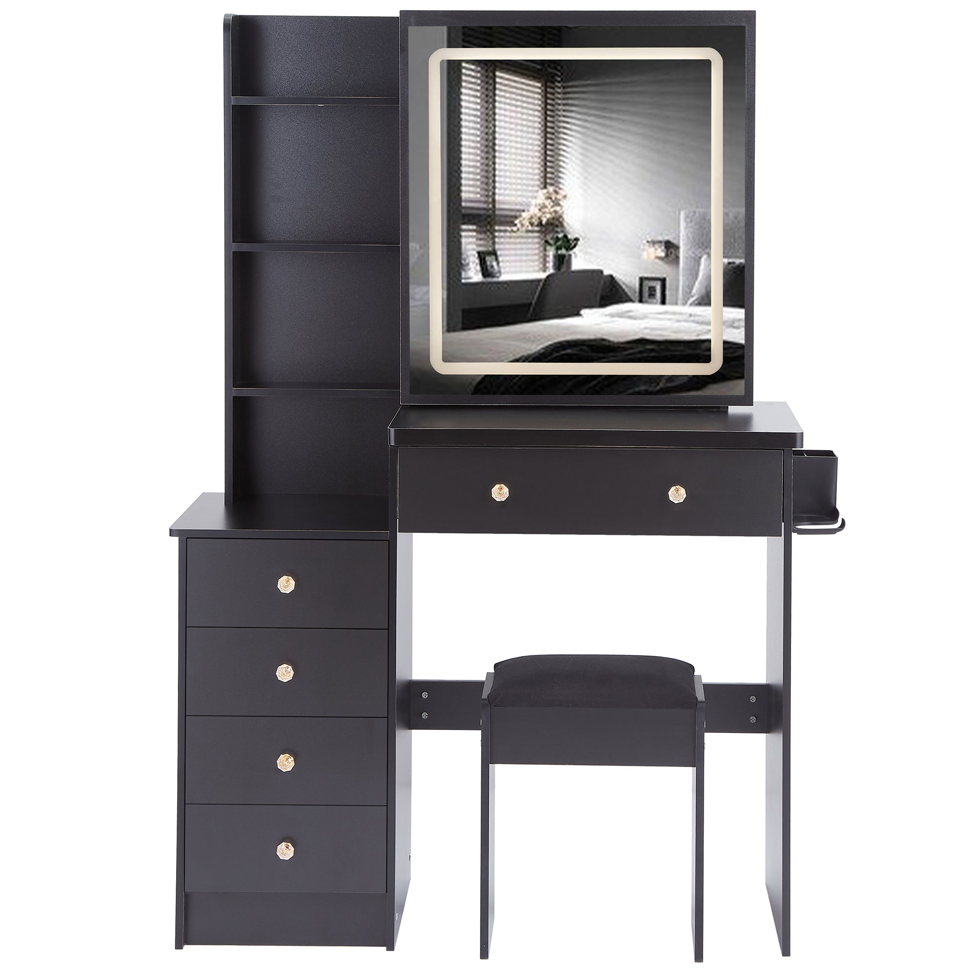 37' Middle Size Left Bedside Cabinet Vanity Table + Cushioned Stool Dresser Set, 2 AC+2 USB Socket, Hair Dryer Stand, Large Touch Control LED Sliding Mirror, 3-color Switch, EPA, GCC, UL Certificate - Grand Goldman Shop