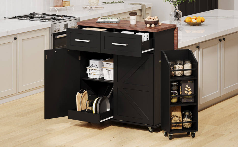 K&K 47.2' Farmhouse Kitchen Island with Drop Leaf, Kitchen Storage Island with Removable Side Racks, Two Drawers, Rolling Kitchen Cart on Wheels with Towel Rack, for Home, Kitchen, Dining Room, Black - Grand Goldman Shop