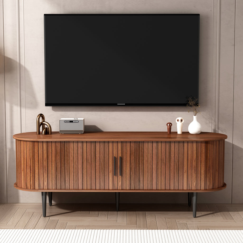 TV Stand, 55' Modern TV Console Table with Storage Compartment and Sliding Door, Gaming Entertainment Center with Cabinet for Living Room, Bedroom, Office (Walnut) - Grand Goldman Shop