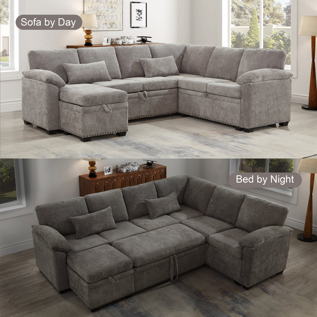 97 Inch L-Shaped Corner Sectional Sofa Couch with Storage Ottoman,Chenille Fabric Couch with 7 Seats & 2 Pillows for Living Room, Modern, Small Space, Easy Assembly,Grey - Grand Goldman Shop