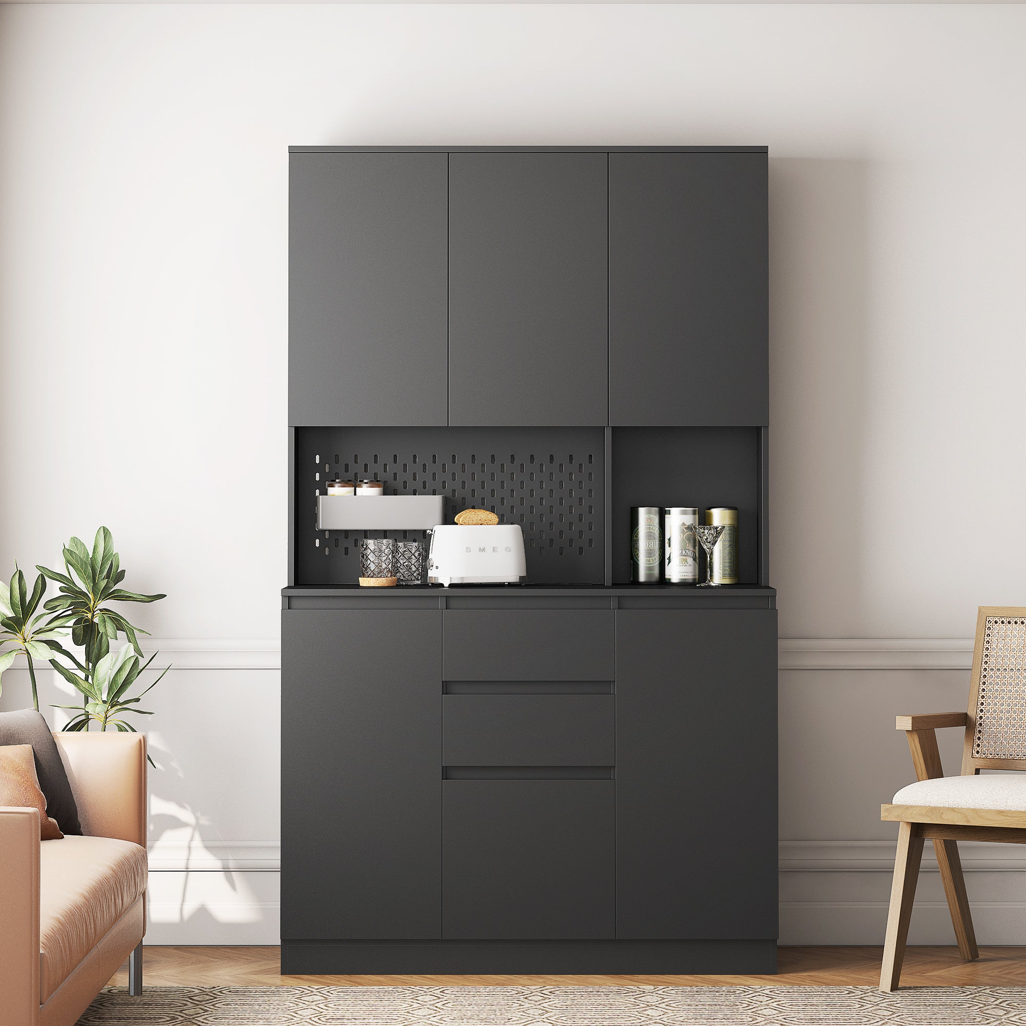 74' Freestanding Kitchen Pantry Cabinet Cupboard with 6 Doors,3 Shelves and 2 Drawer,Versatile Wardrobe & Kitchen Cabinet,Craft Storage Cabinet,Laundry Room Storage for  Kitchen (Black) - Grand Goldman Shop