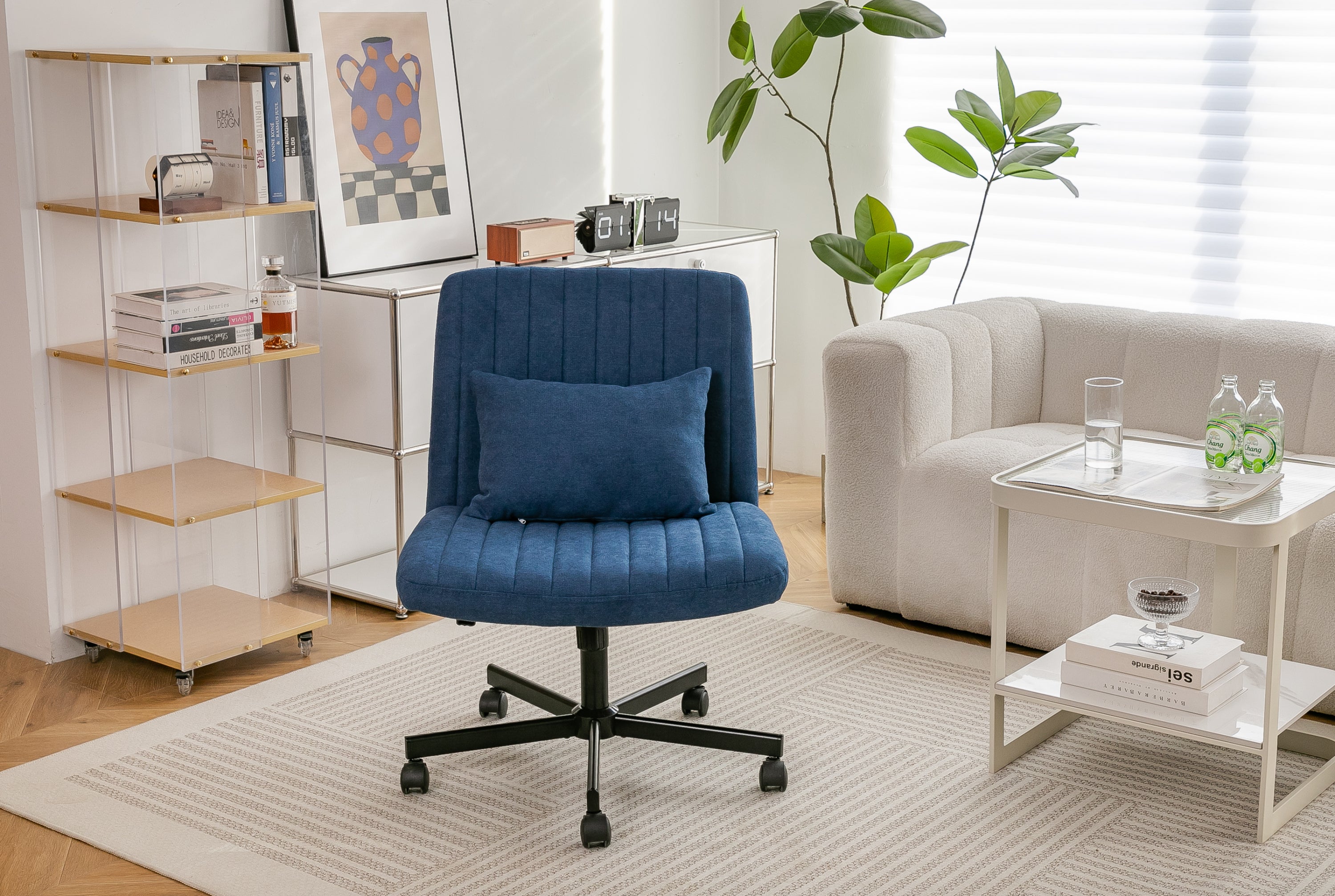 Modern Linen Blue Criss Cross Office Chair with Adjustable Height, Ergonomic Design, and Breathable Fabric in Blue Linen Mate