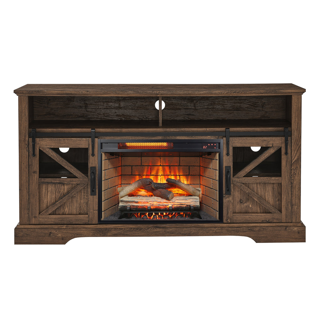 60 Inch Electric Fireplace  Entertainment Center With Door Sensor-Reclaimed Barnwood Color - Grand Goldman Shop