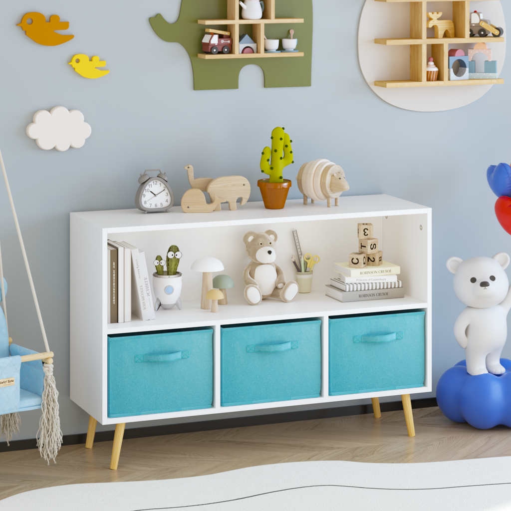 Kids bookcase with Collapsible Fabric Drawers, Children's Book Display, Toy Storage Cabinet Organizer, White/Blue | Premium H
