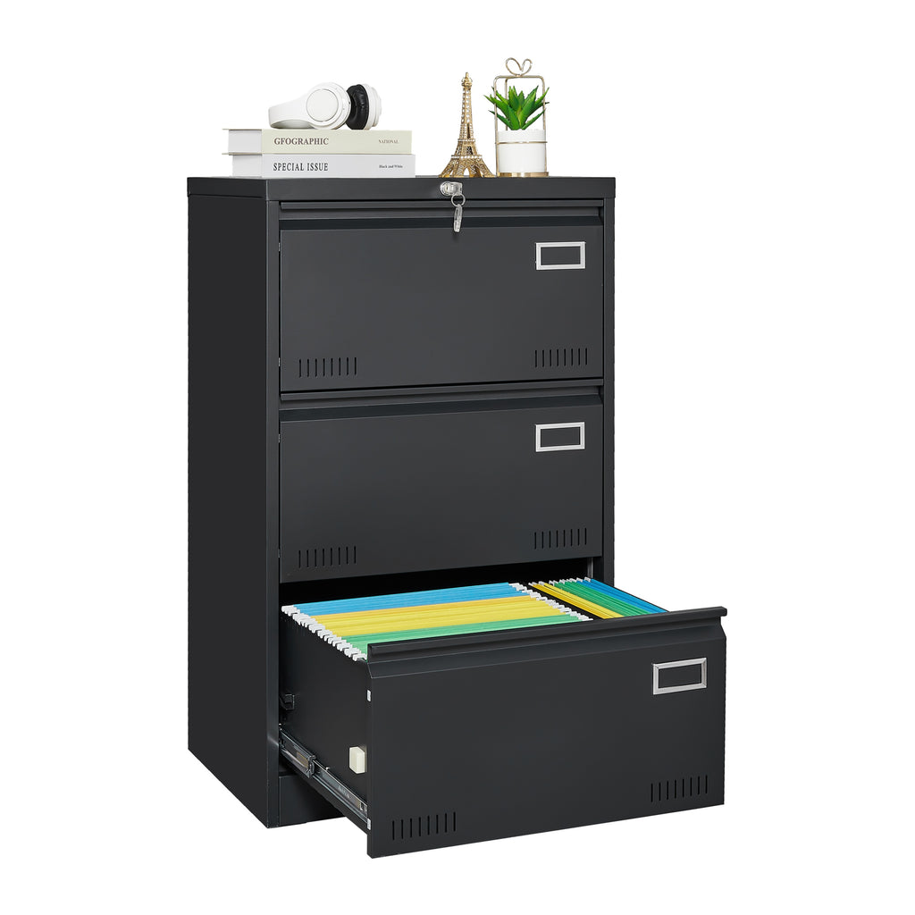 Black Metal 3-Drawer Lateral Filing Cabinet with Lock for Home and Office | Premium Home Decor - Grand Goldman