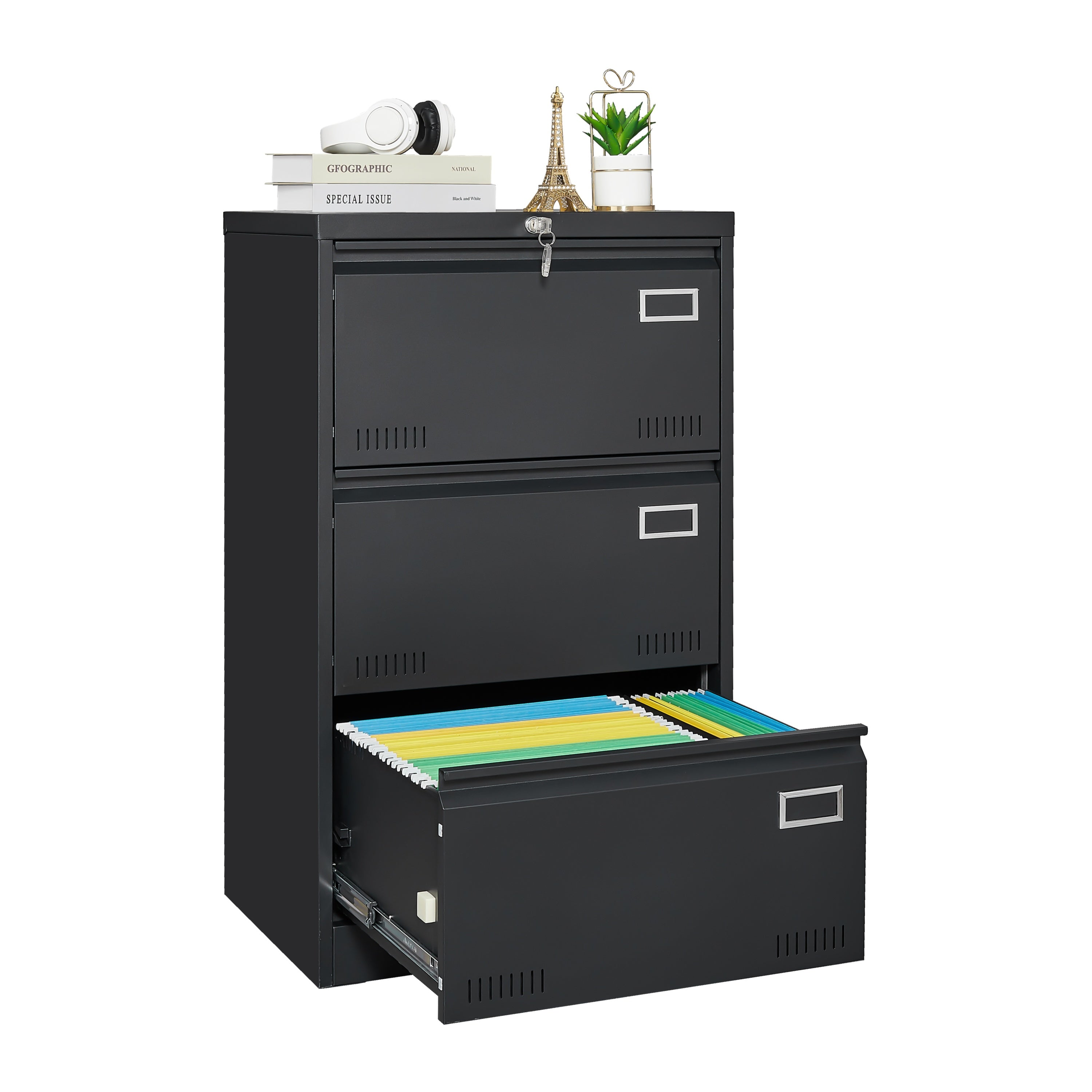 Black Metal 3-Drawer Lateral Filing Cabinet with Lock for Home and Office | Premium Home Decor - Grand Goldman