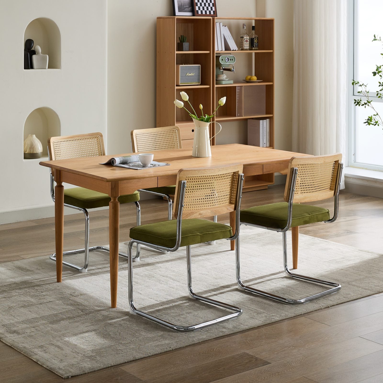 Mid Century Modern Dining Chairs Set of 2, Velvet Accent Chairs with Natural Cane Back & Stainless Chrome Base, Famous Breuer Designed Chairs, Upholstered Rattan Kitchen Chairs,Olive-Green - Grand Goldman Shop