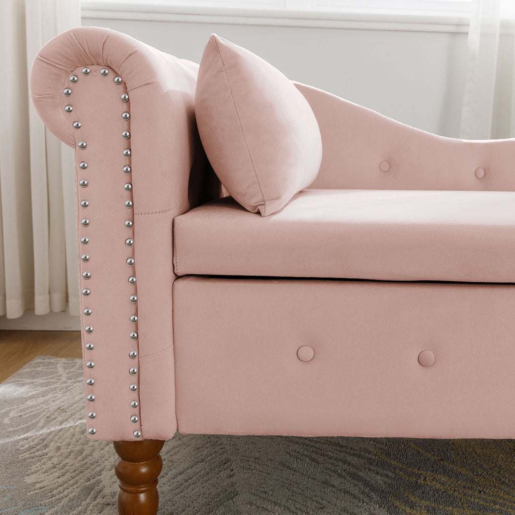 Pink Chaise Lounge Indoor, Velvet Lounge Chair for Bedroom with Storage & Pillow, Modern Upholstered Rolled Arm Chase Lounge for Sleeping with Nailhead Trim for Living Room Bedroom Office - Grand Goldman Shop