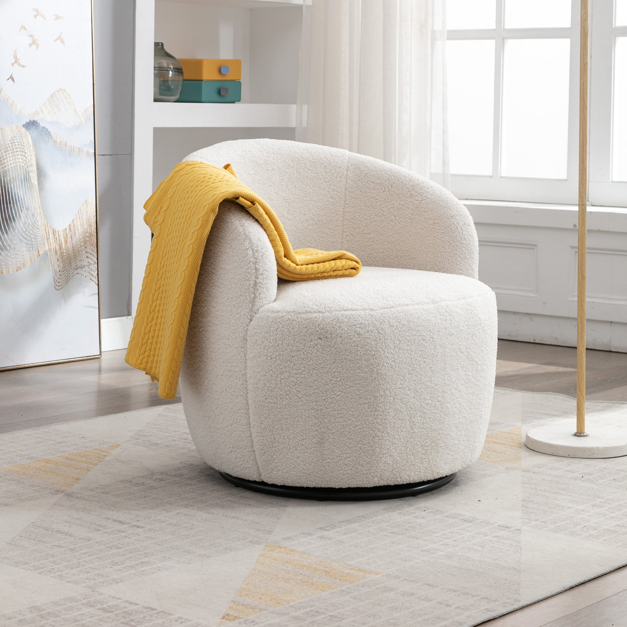 Teddy Fabric Swivel Accent Armchair Barrel Chair With Black Powder Coating Metal Ring,Ivory White - Grand Goldman Shop