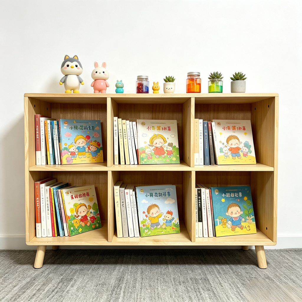 Stylish 6 Cube Wooden Storage Shelf, Freestanding Open Bookcase with Legs, Natural Solid Wood Cubby Organizer for Living Room