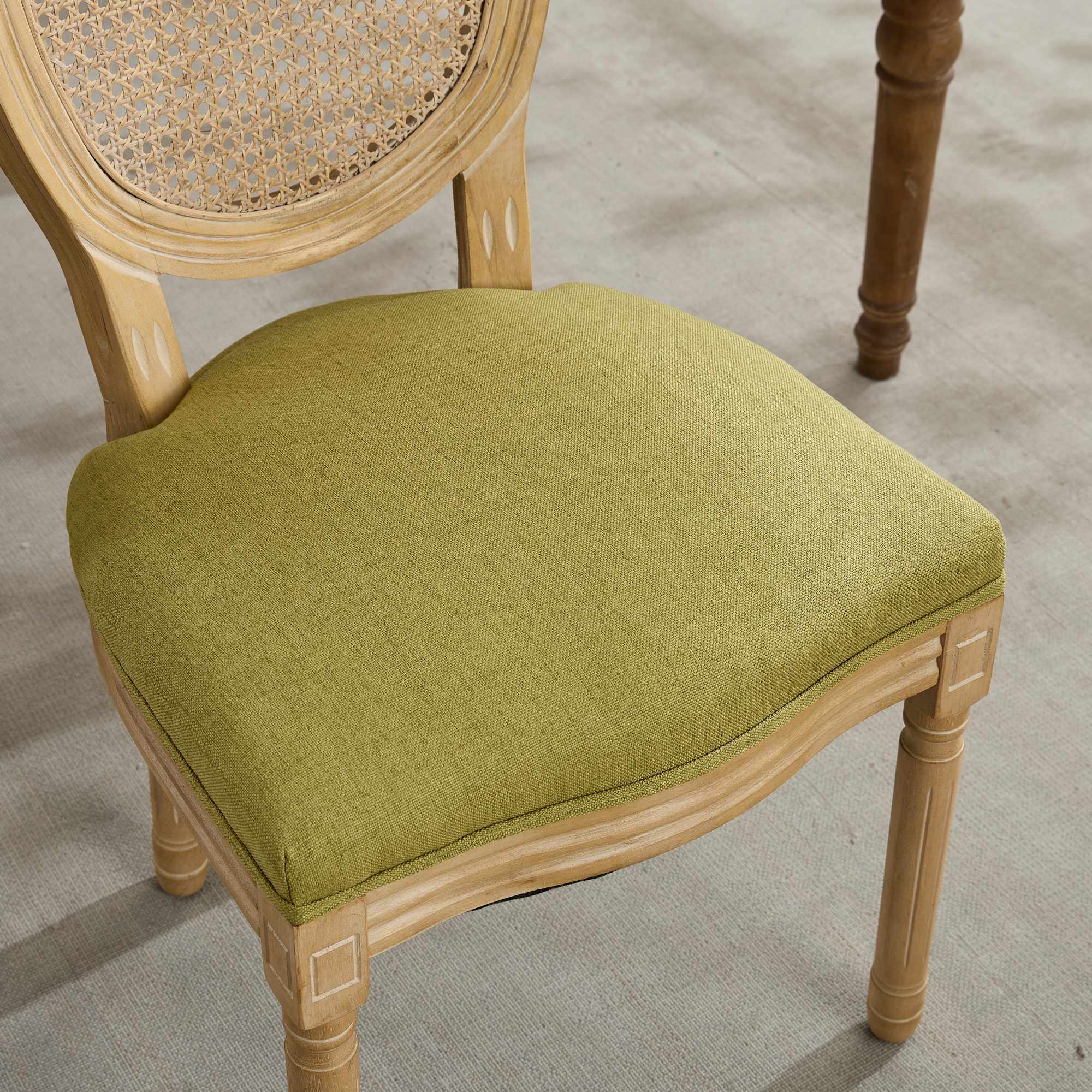 A&A Furniture,French Style Solid Wood Frame Antique Painting Linen Fabric Rattan Back Dining Chair,Set of 2,Olive-Green - Grand Goldman Shop