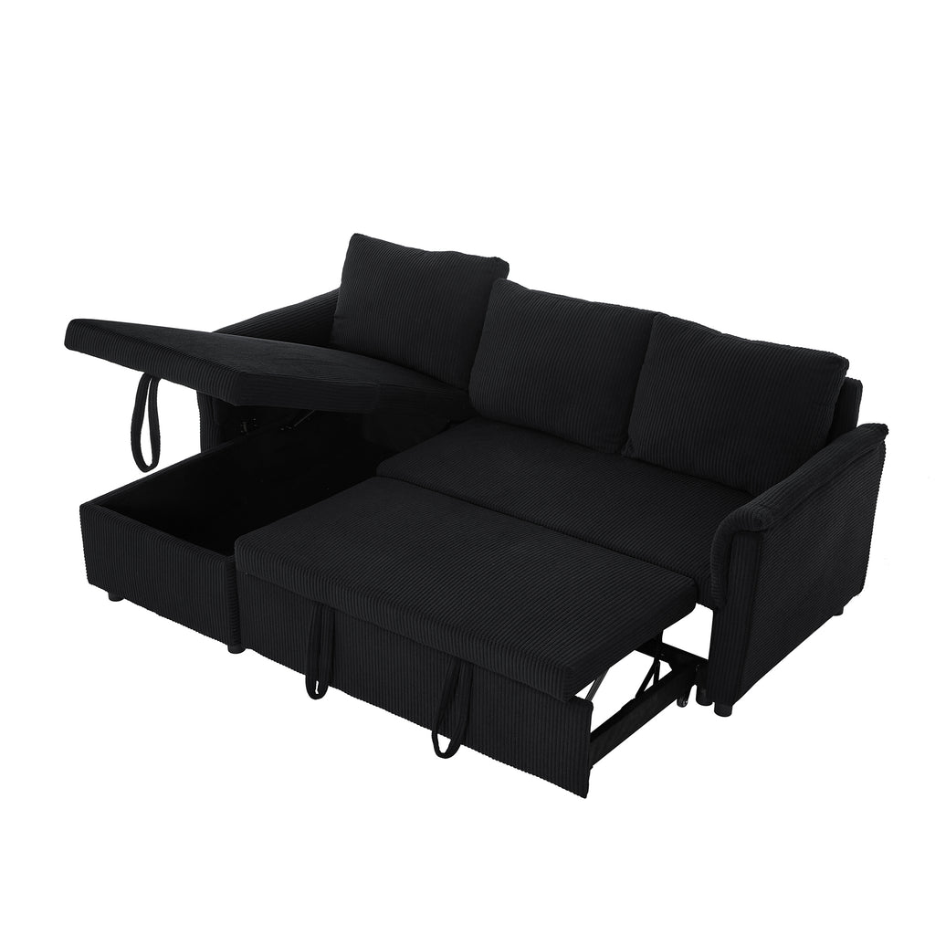 Loveseat Sofa with Chaise Lounge L-Shaped Modular Convertible Sofa with Storage Chaise, Corduroy Tufted Upholstered Sleeper Sectional Sofa,Pull Out Sleep Couch Bed and Reclining Backrest-Black - Grand Goldman Shop