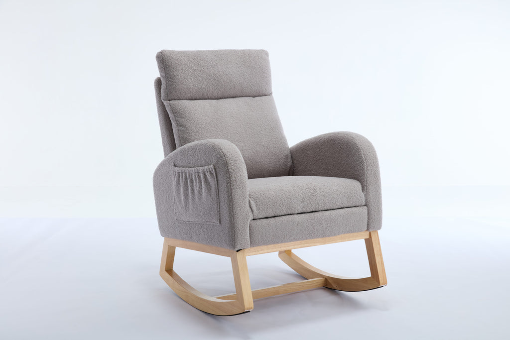015B-Teddy Fabric Leisure Rocking Chair,Nursery Rocking Chair With Adjustable Footstool,Thickened Headrest And High Backrest, Storage Pocket On The Right Side,The Base Rocker Is Solid Wood,Light Gray - Grand Goldman Shop