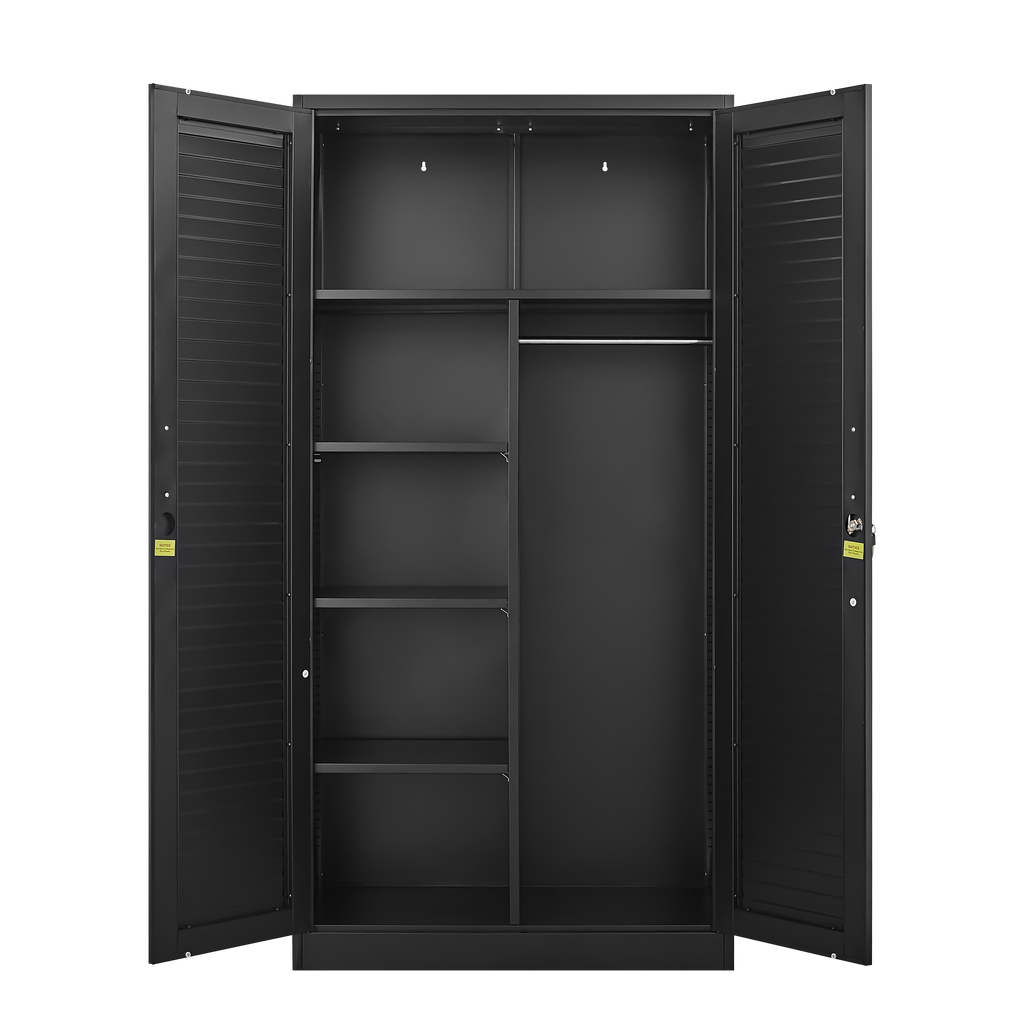 Wide & Deep Metal Storage Cabinet with Hanging Rod,Black Broom Closet Storage Cabinet with Lock, Tall Wardrobe Cabinets with 