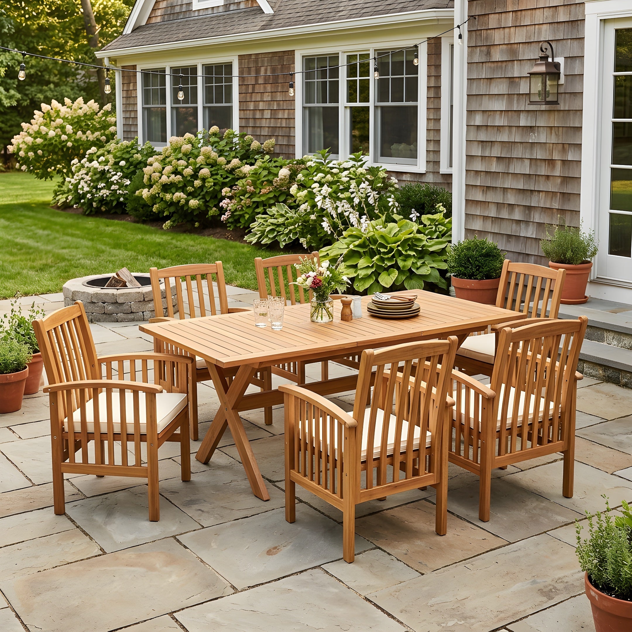 7-teiliges Outdoor-Esszimmer-Set aus Akazienholz, modernes Set mit 6 Stühlen und 1 großem Tisch, Essmöbel-Set für Rasen, Garten, Terrasse, Pool, Teak