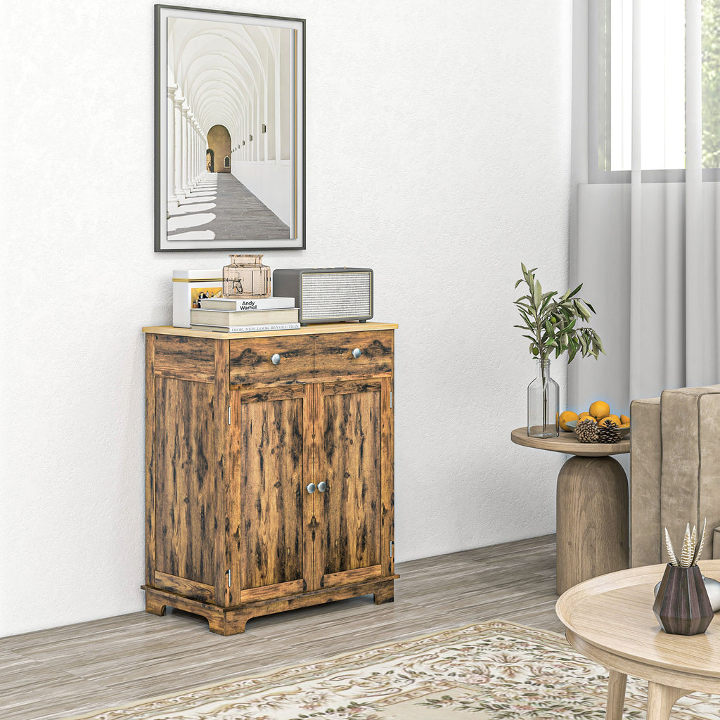 HOMCOM Sideboard with Solid Wood Countertop, Modern Kitchen Storage Cabinet, Coffee Bar Cabinet with 2 Drawers, Doors and Adj