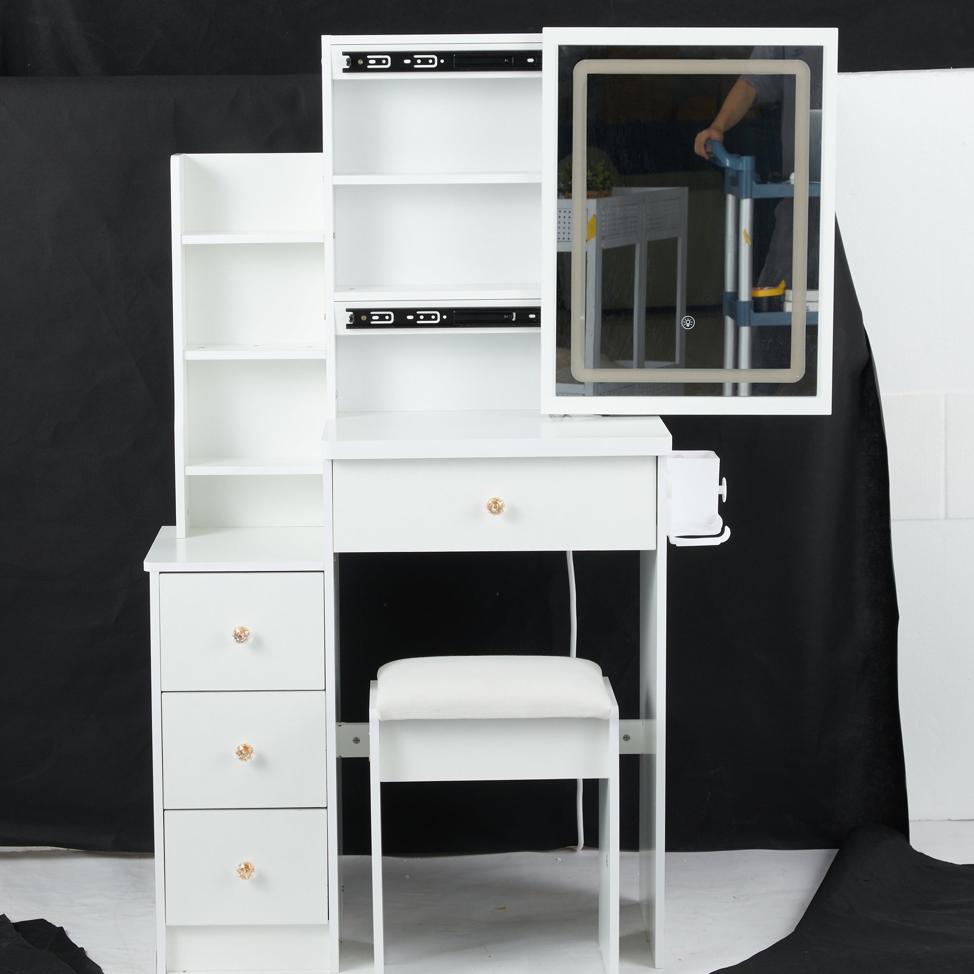 29.2' Small Size Left Bedside Cabinet Vanity Table + Cushioned Stool, 2 AC+2 USB Power Station, Hair dryer bracket, Extra Large Touch Control Sliding LED Mirror, Tri-color Switching, Brightness Adjust - Grand Goldman Shop