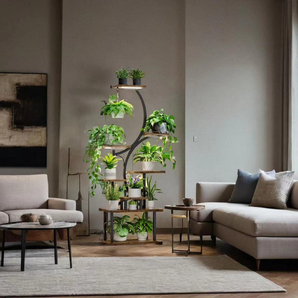 8-Tier Indoor Plant Stand with Grow Lights, 61 in S-Shaped Metal Shelf for Multiple Plants, Black - Grand Goldman Shop